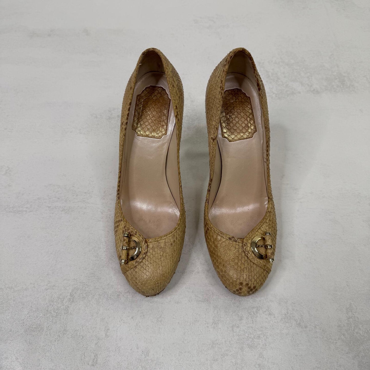 Vintage Dior heels snakeskin stilettos platform gold beige