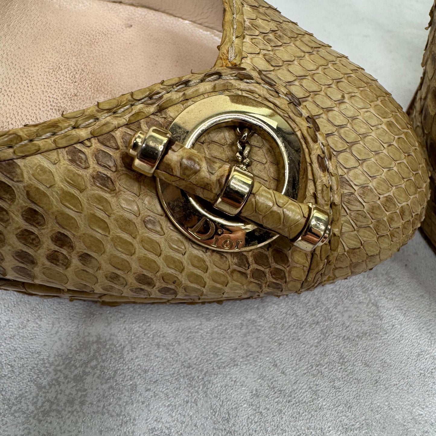 Vintage Dior heels snakeskin stilettos platform gold beige