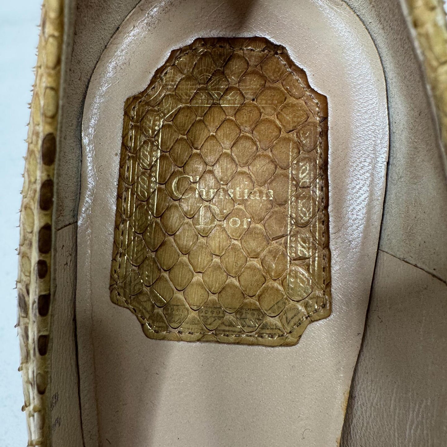Vintage Dior heels snakeskin stilettos platform gold beige