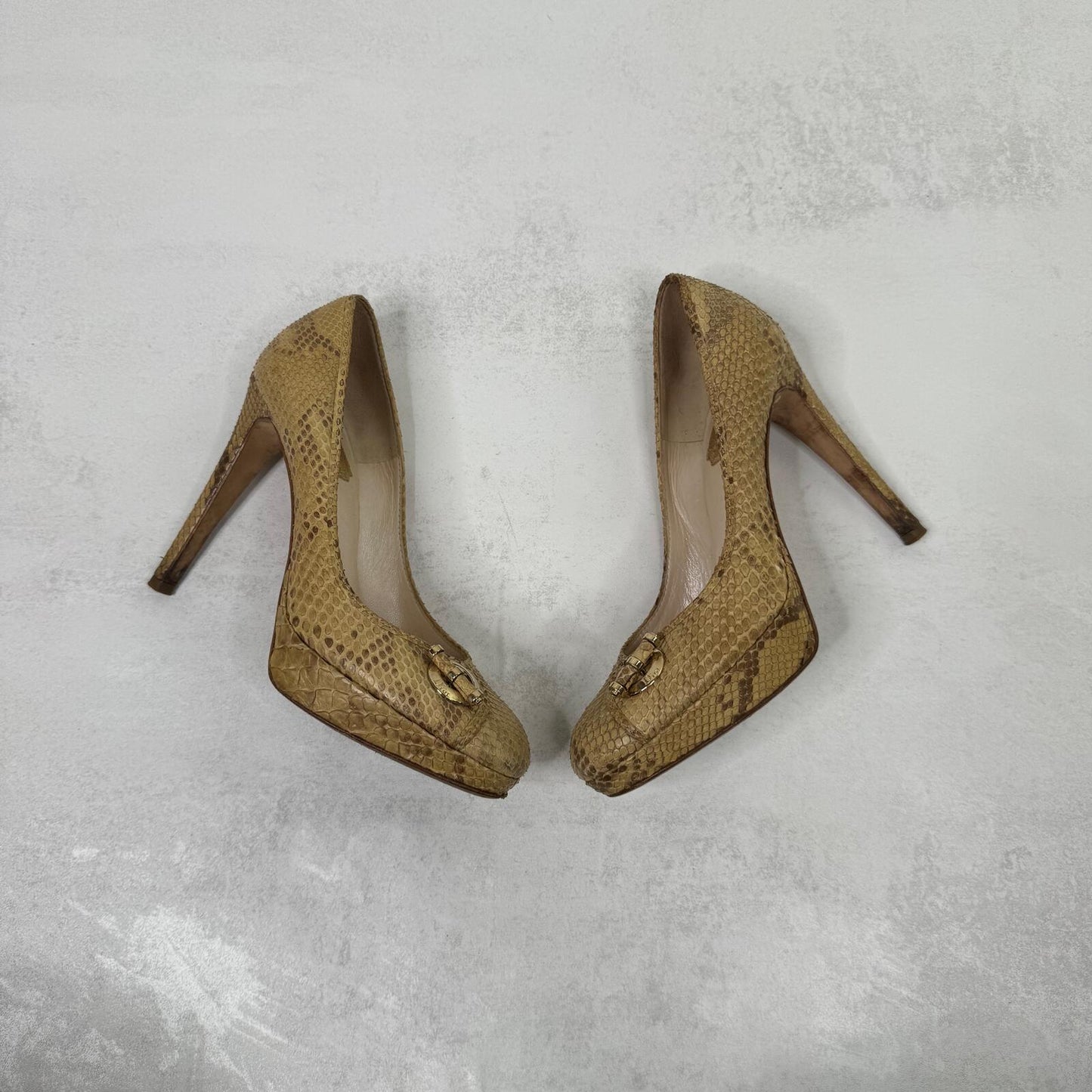 Vintage Dior heels snakeskin stilettos platform gold beige