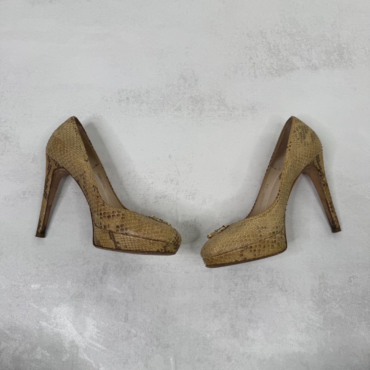 Vintage Dior heels snakeskin stilettos platform gold beige