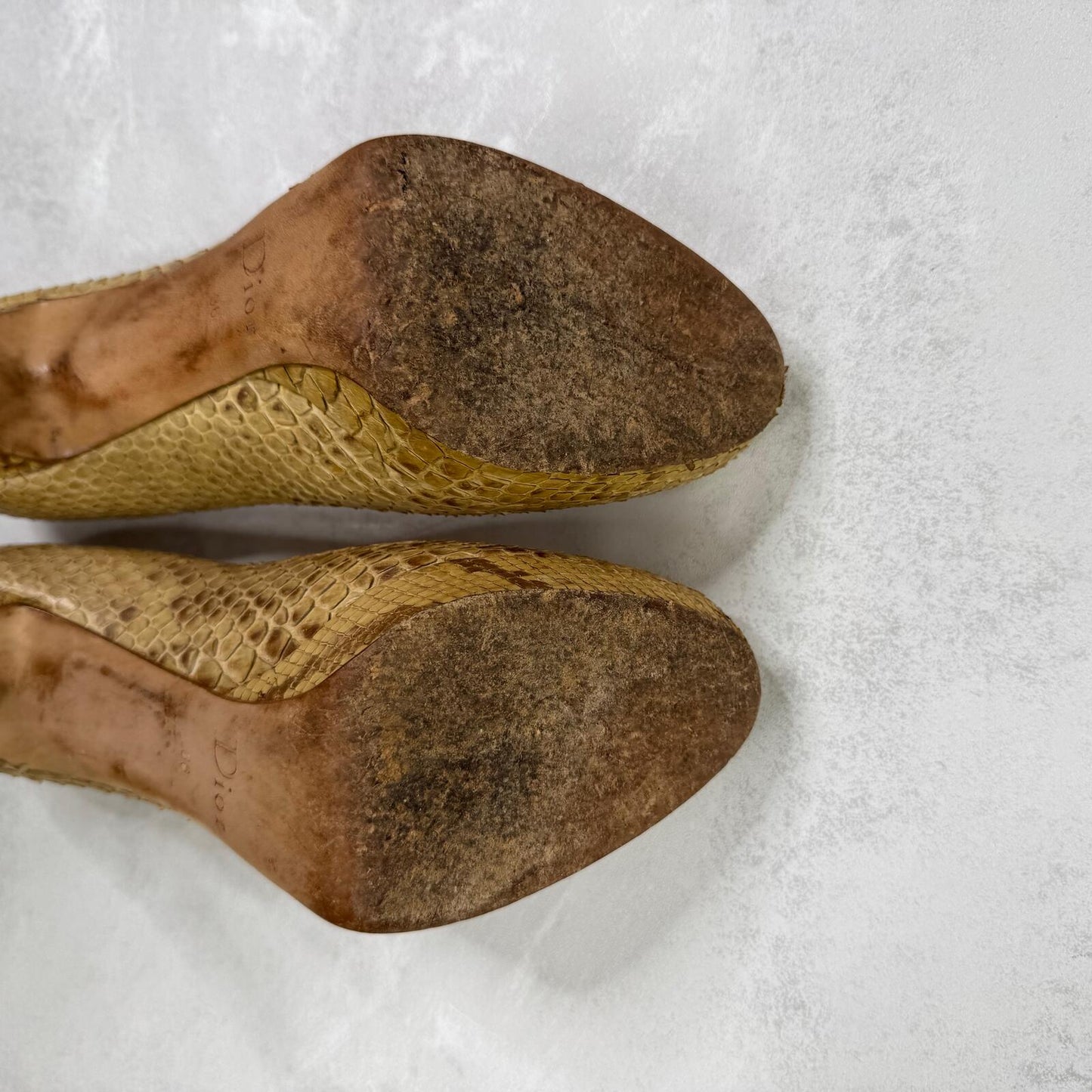 Vintage Dior heels snakeskin stilettos platform gold beige