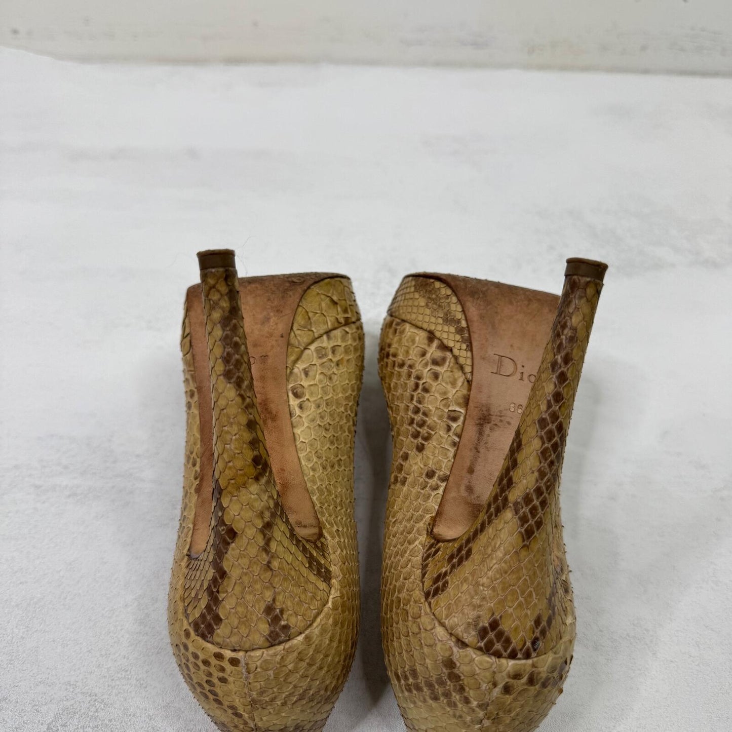 Vintage Dior heels snakeskin stilettos platform gold beige