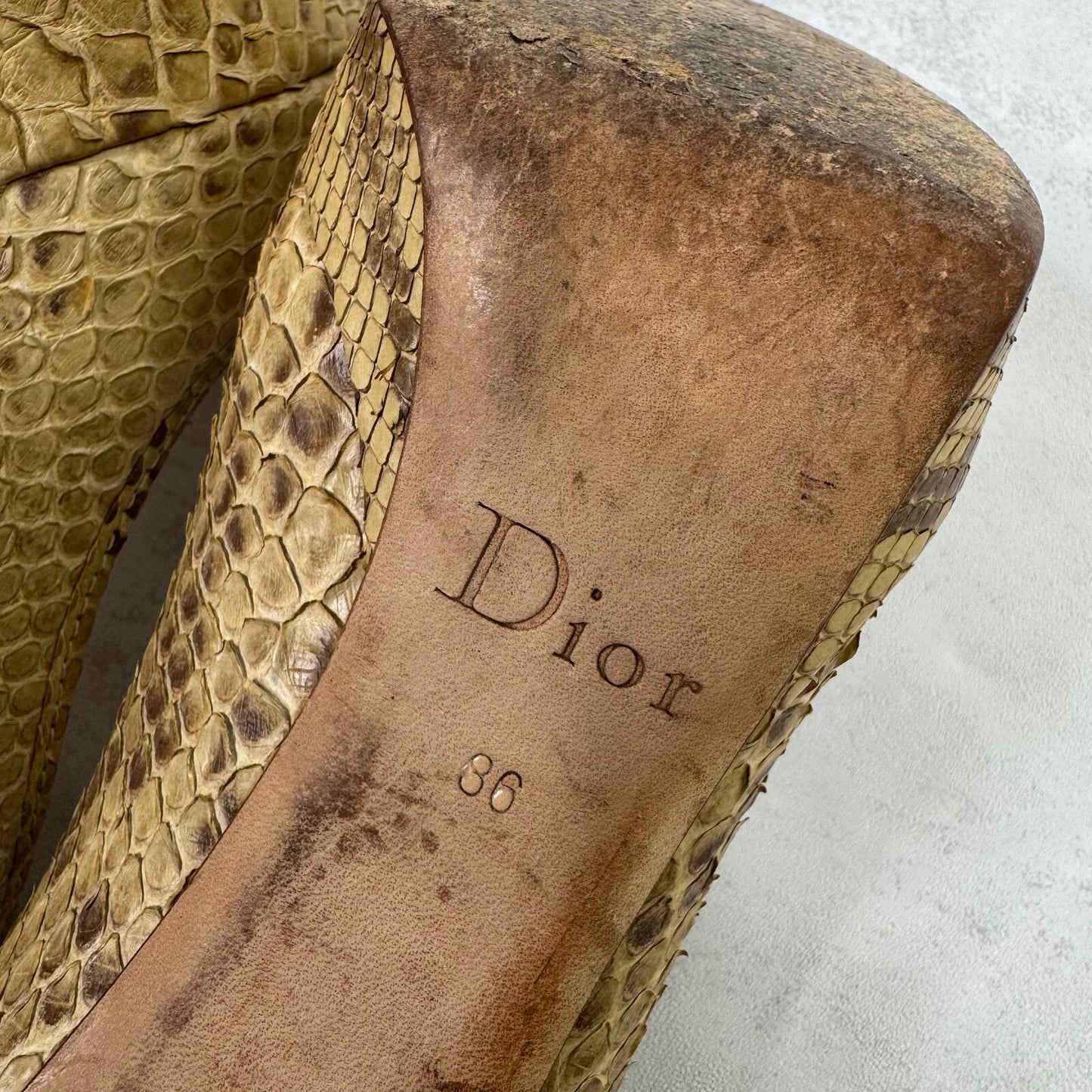 Vintage Dior heels snakeskin stilettos platform gold beige