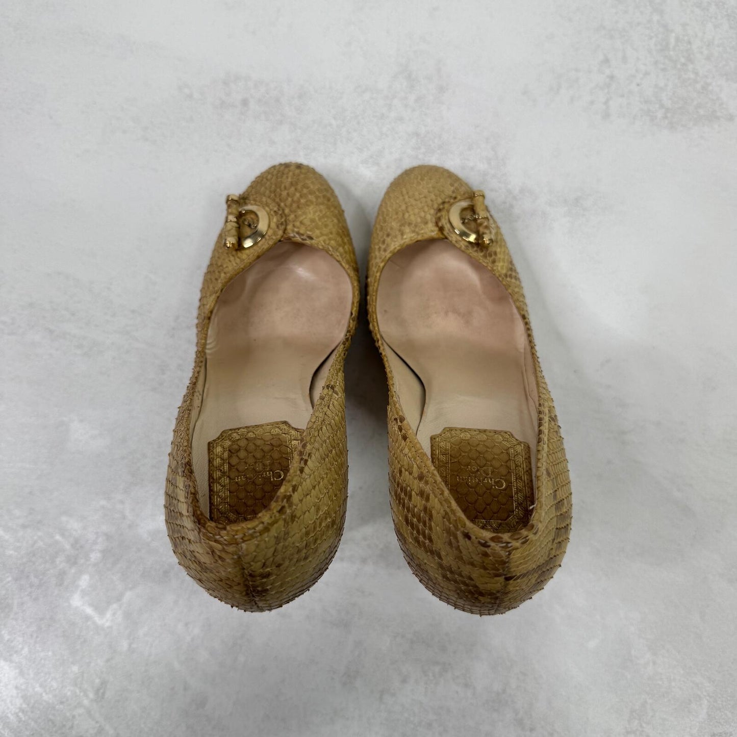 Vintage Dior heels snakeskin stilettos platform gold beige