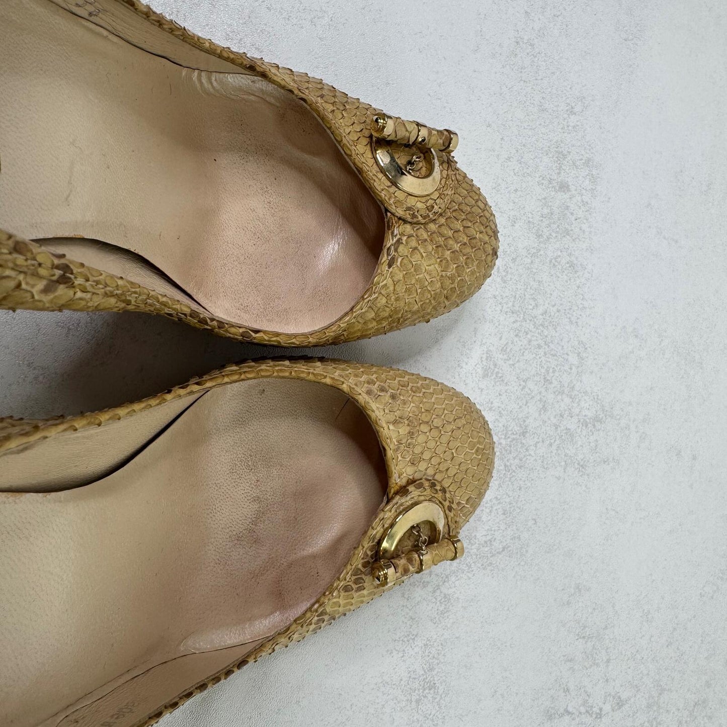 Vintage Dior heels snakeskin stilettos platform gold beige