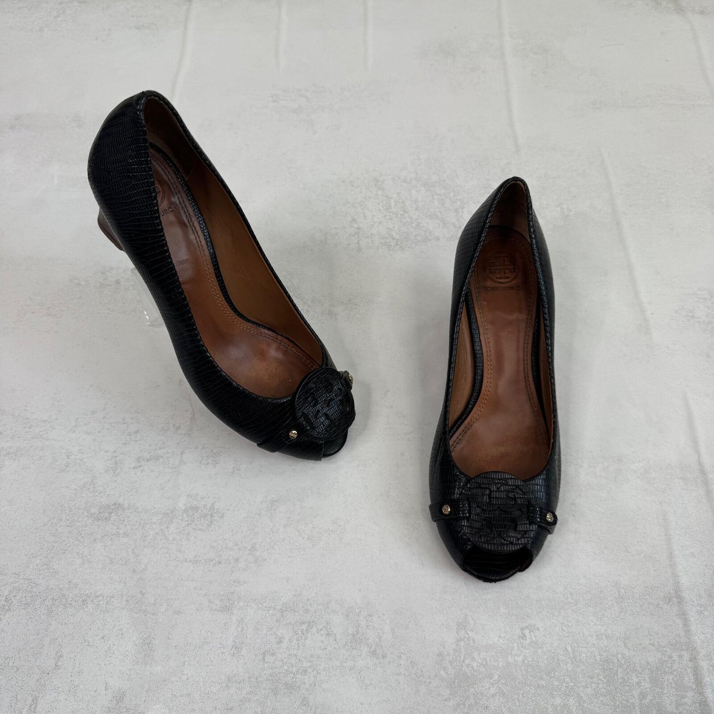 Y2K vintage Tory Burch wedge heels sandals peep toe genuine leather studded logo