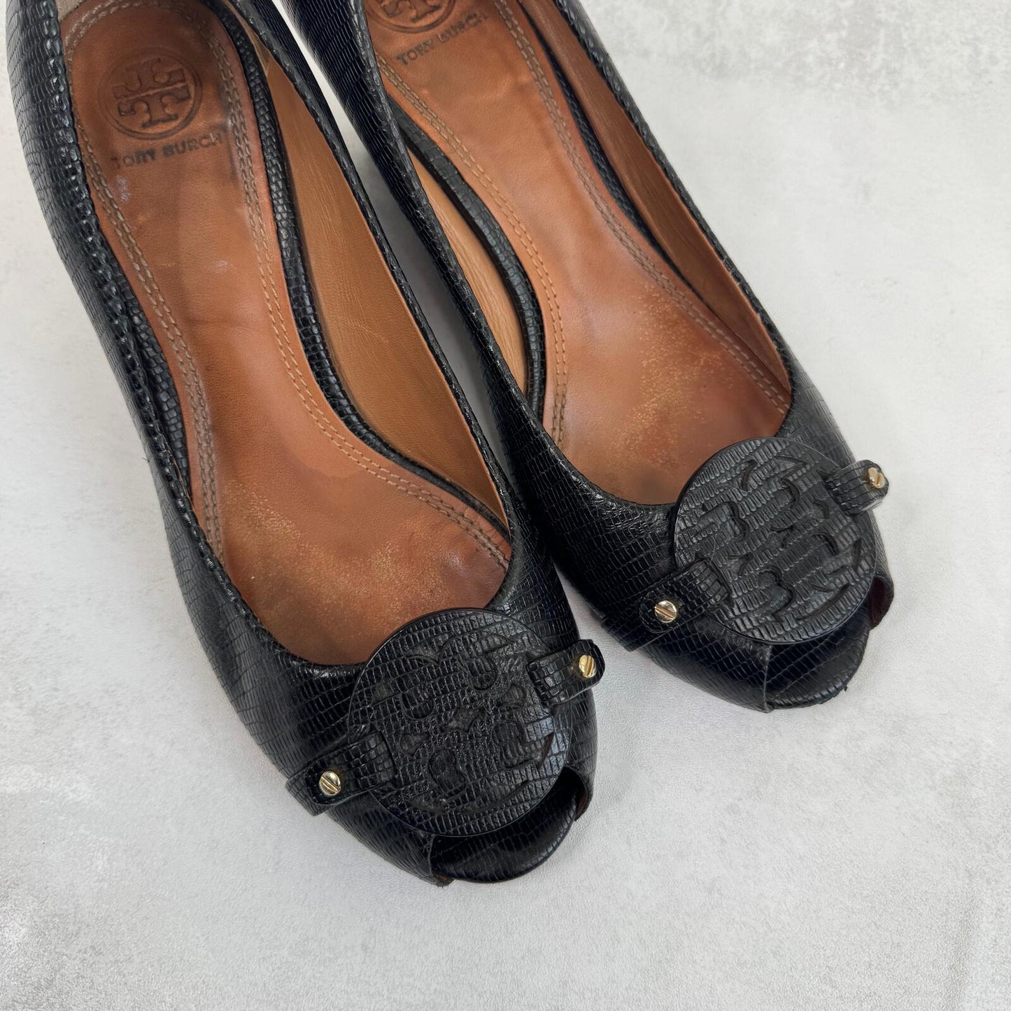 Y2K vintage Tory Burch wedge heels sandals peep toe genuine leather studded logo