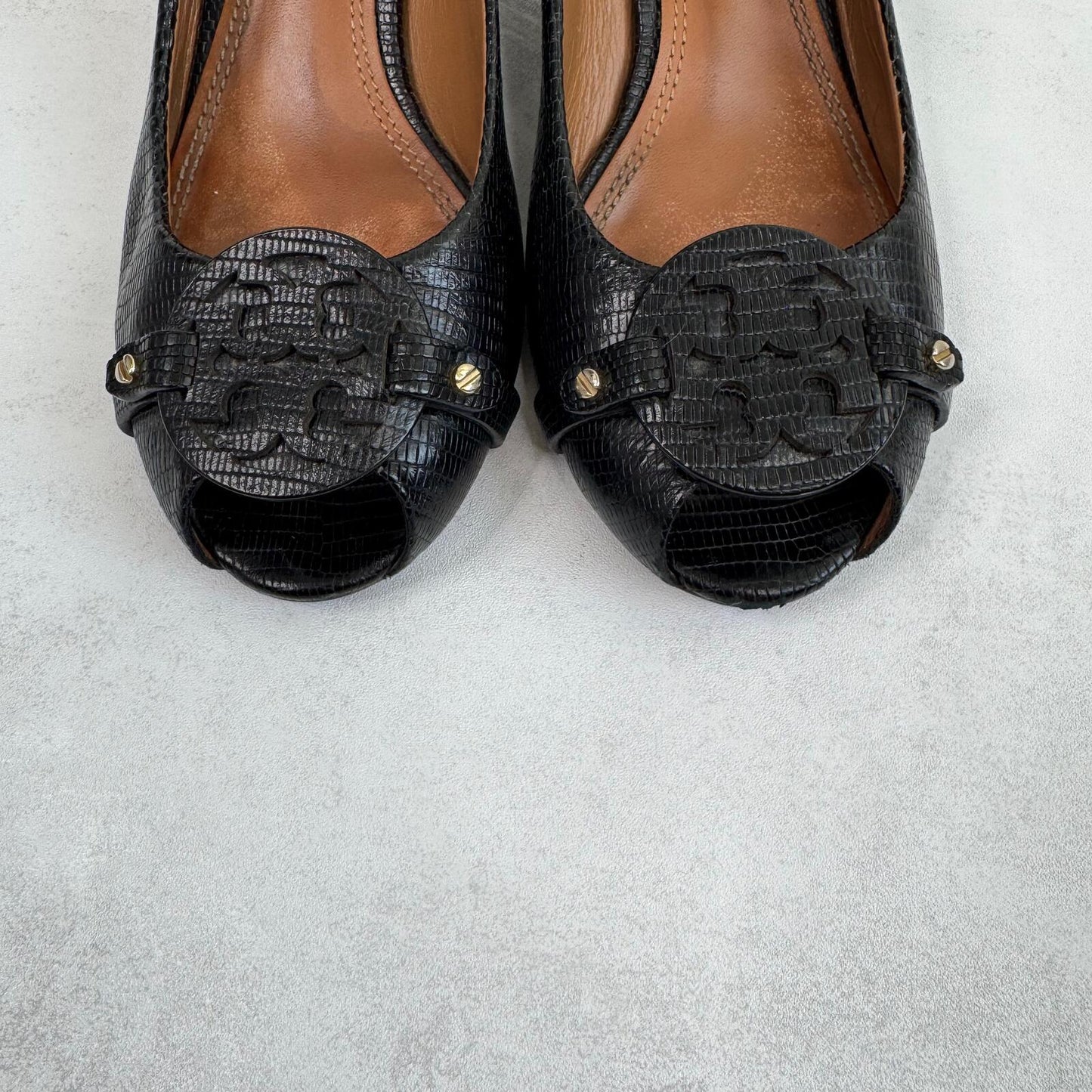 Y2K vintage Tory Burch wedge heels sandals peep toe genuine leather studded logo
