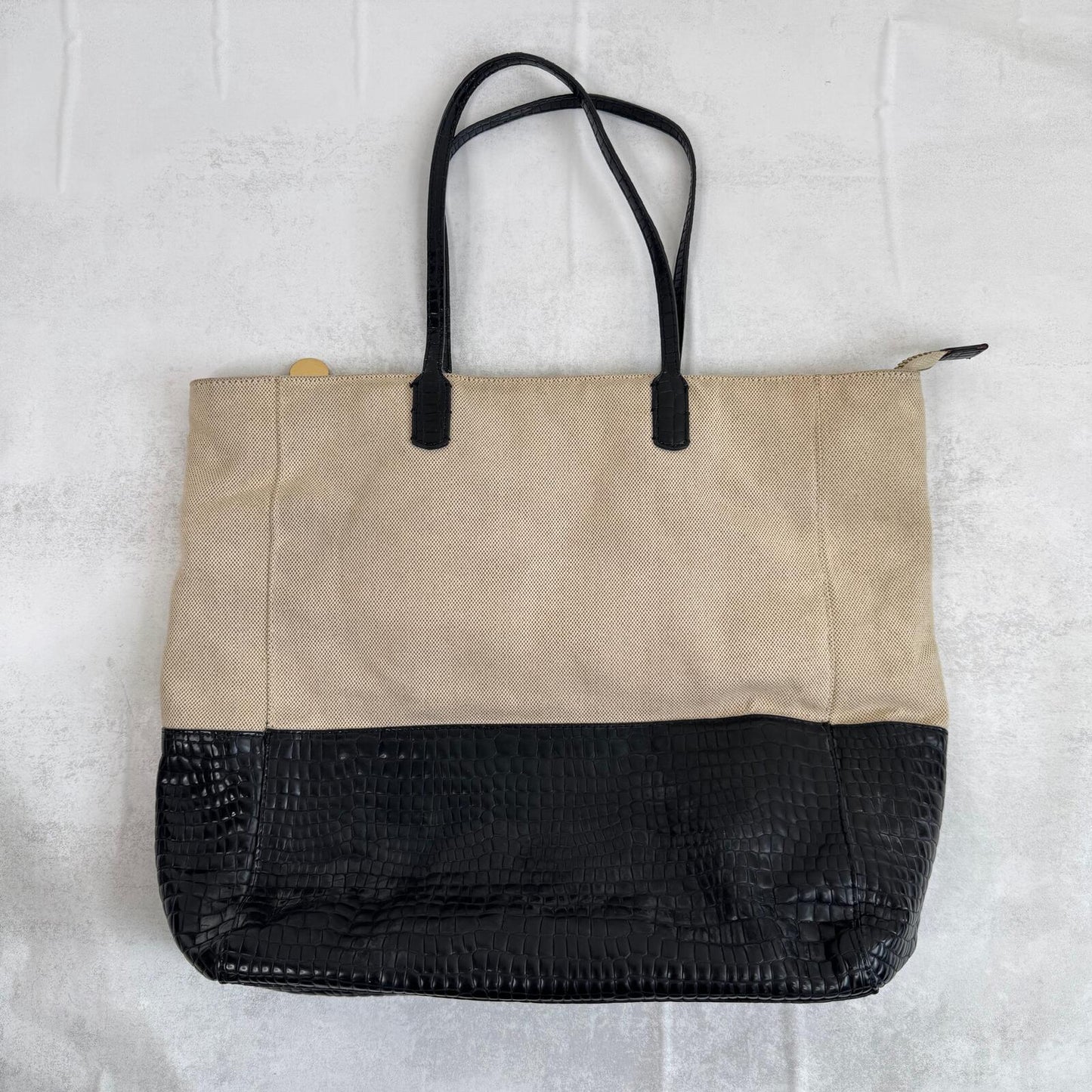 Y2K vintage shoulder bag large canvas genuine leather trim zip croc print cream