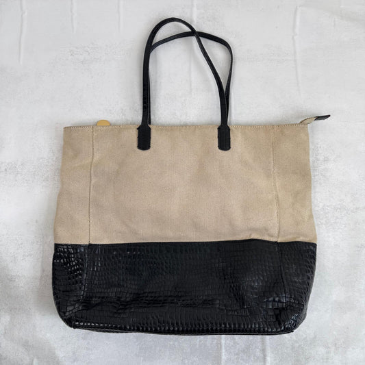 Y2K vintage shoulder bag large canvas genuine leather trim zip croc print cream