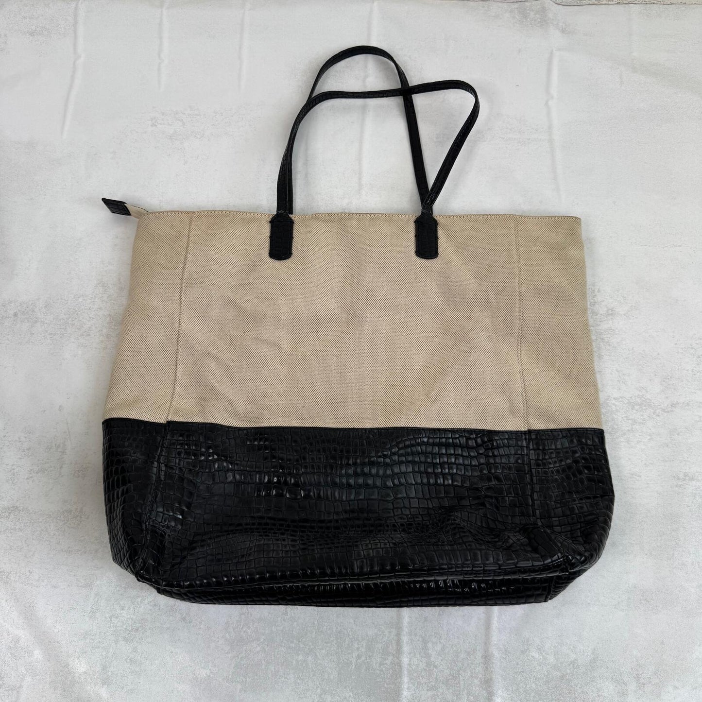 Y2K vintage shoulder bag large canvas genuine leather trim zip croc print cream