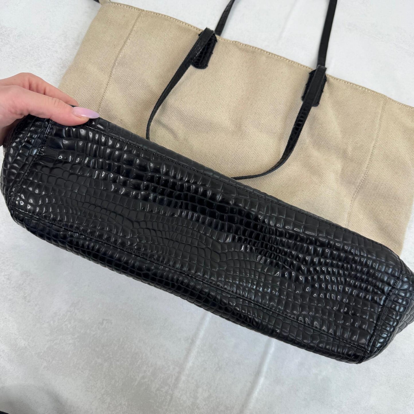 Y2K vintage shoulder bag large canvas genuine leather trim zip croc print cream