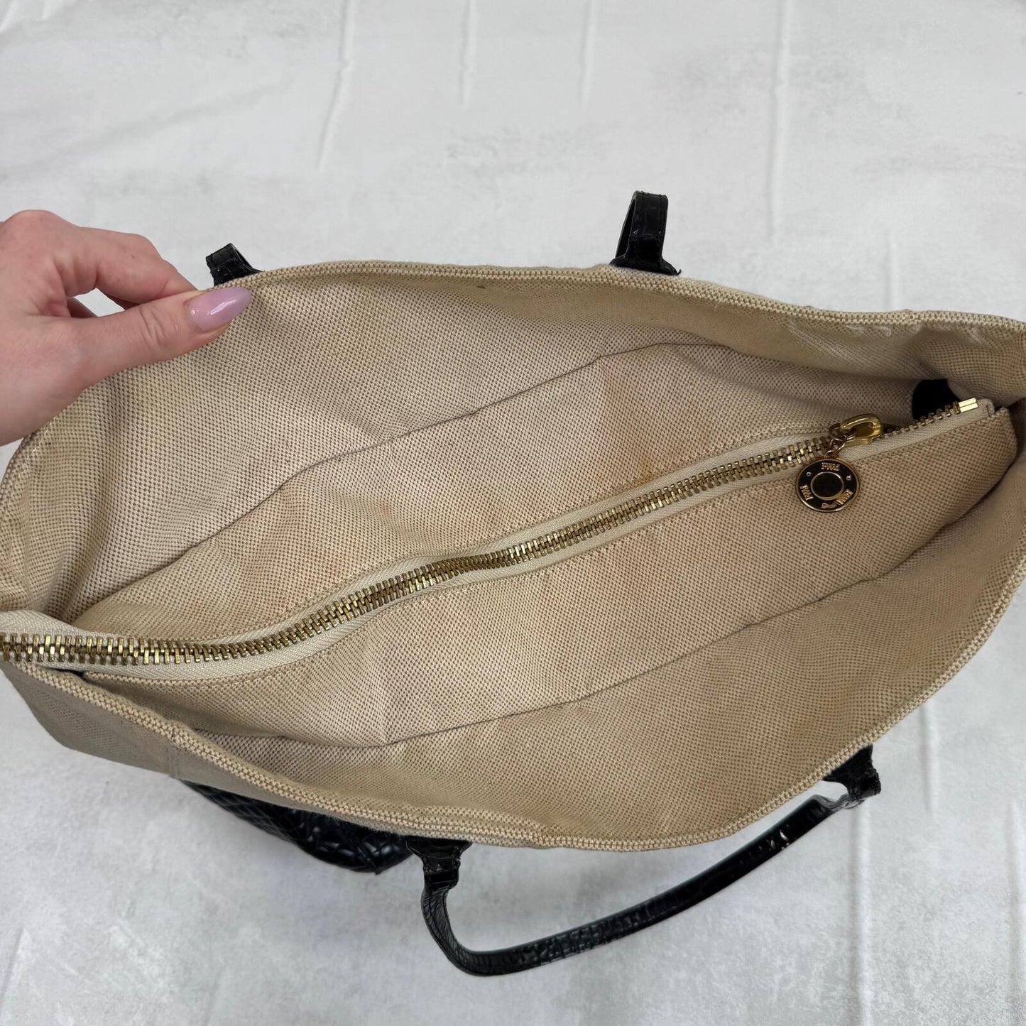 Y2K vintage shoulder bag large canvas genuine leather trim zip croc print cream