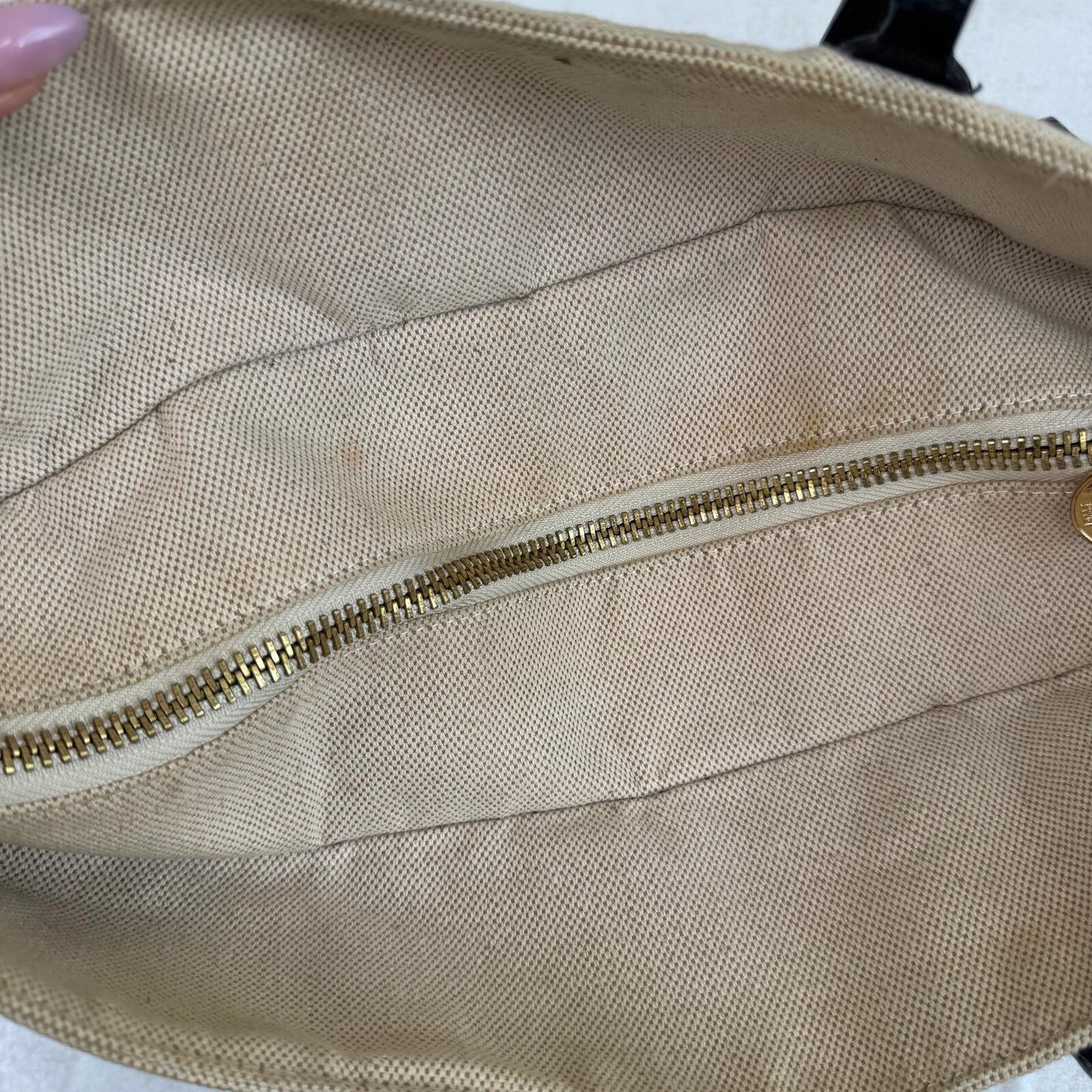 Y2K vintage shoulder bag large canvas genuine leather trim zip croc print cream