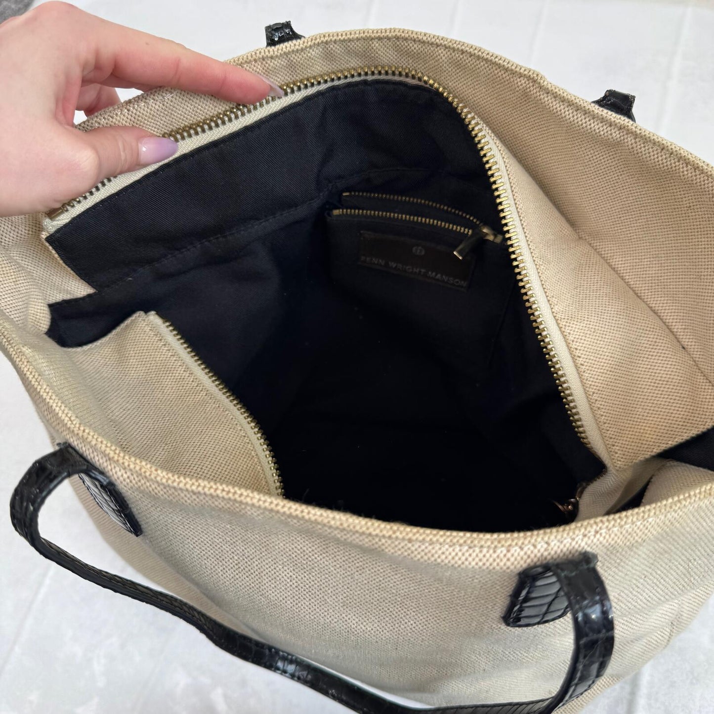 Y2K vintage shoulder bag large canvas genuine leather trim zip croc print cream