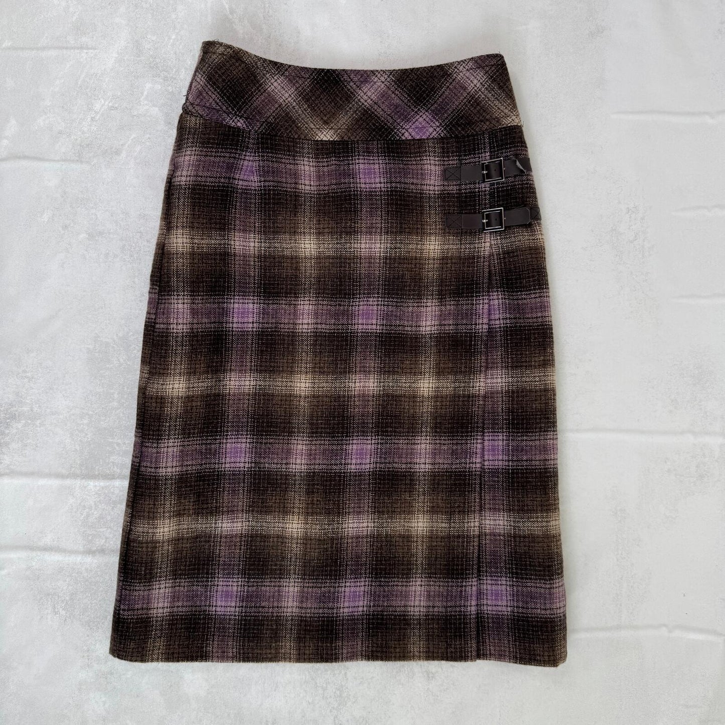 Y2K vintage midi skirt wool blend tartan check print wrap buckle purple brown