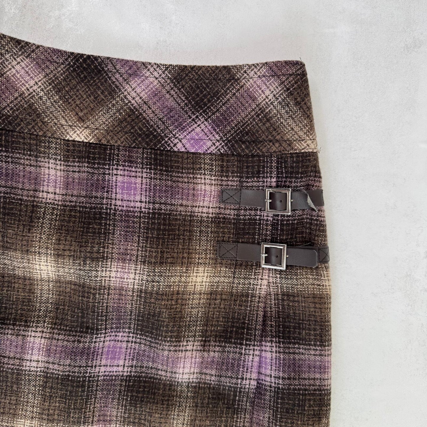 Y2K vintage midi skirt wool blend tartan check print wrap buckle purple brown