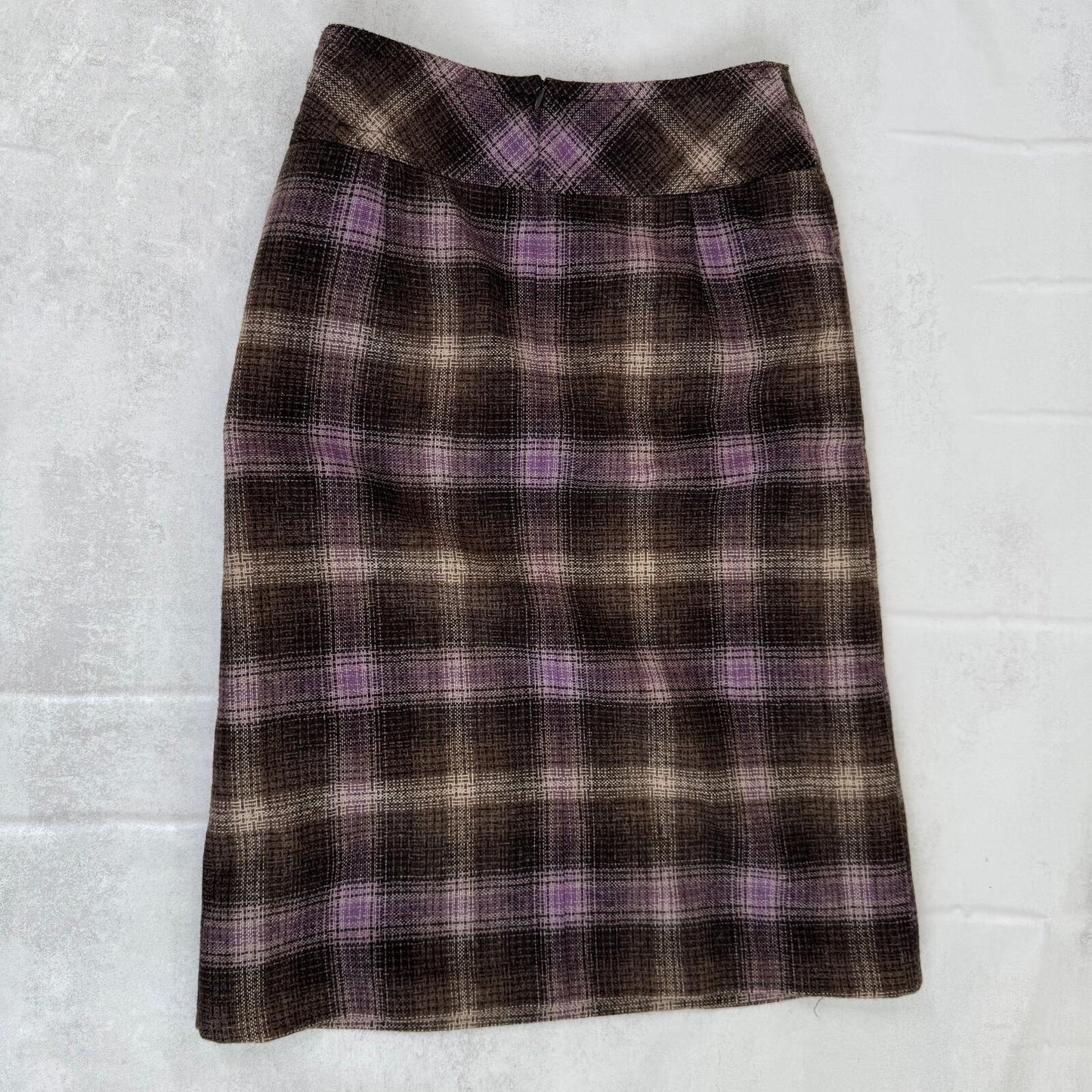 Y2K vintage midi skirt wool blend tartan check print wrap buckle purple brown