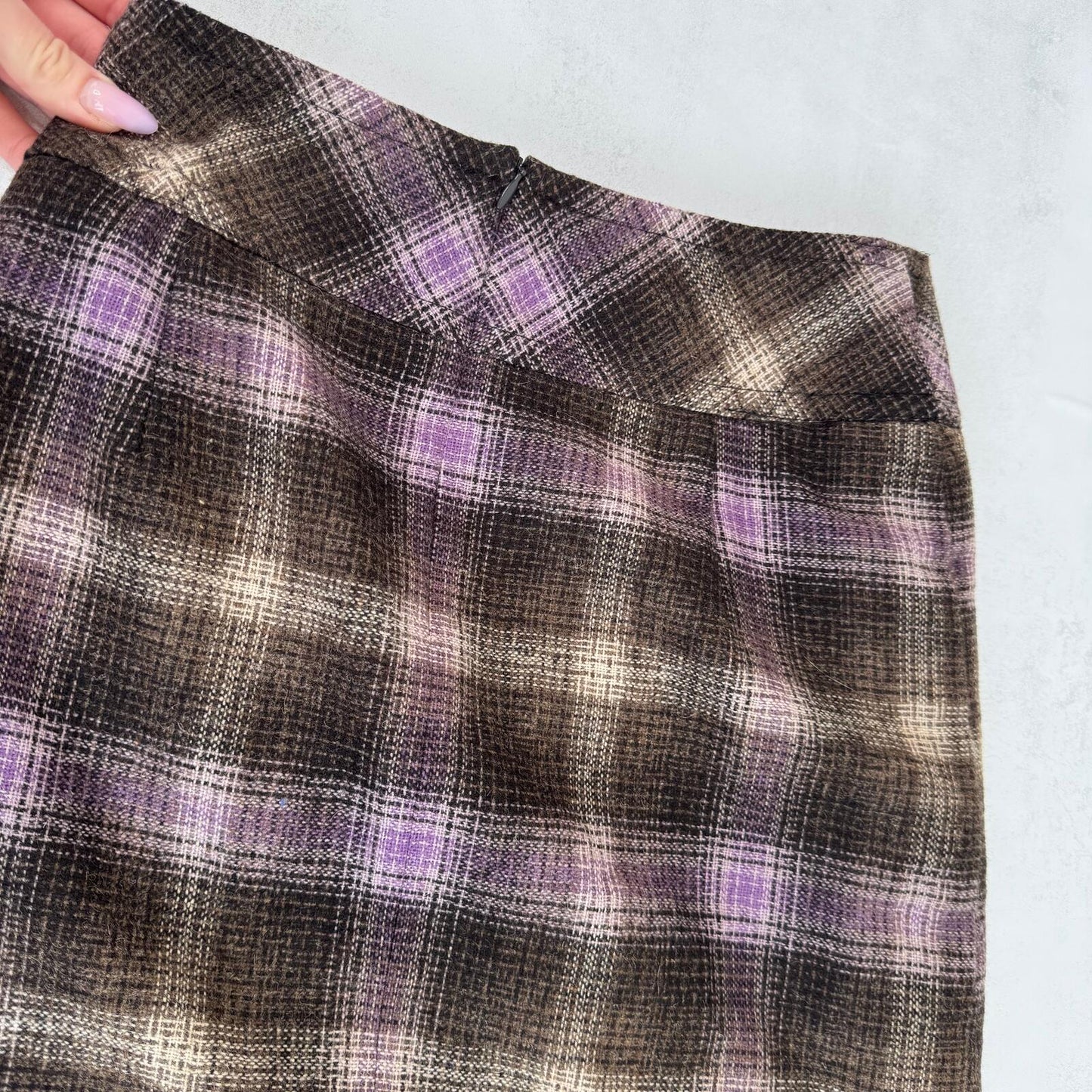 Y2K vintage midi skirt wool blend tartan check print wrap buckle purple brown