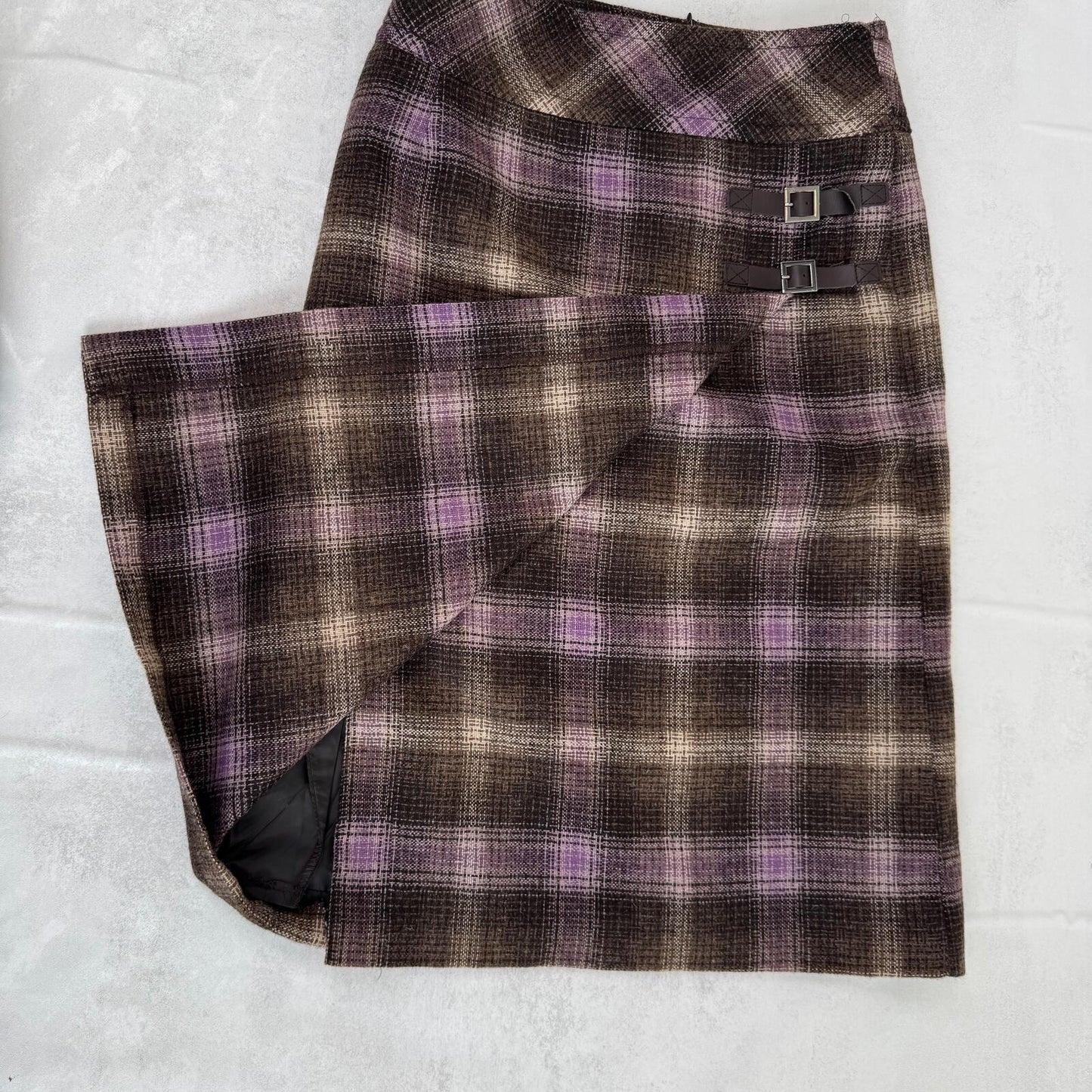 Y2K vintage midi skirt wool blend tartan check print wrap buckle purple brown
