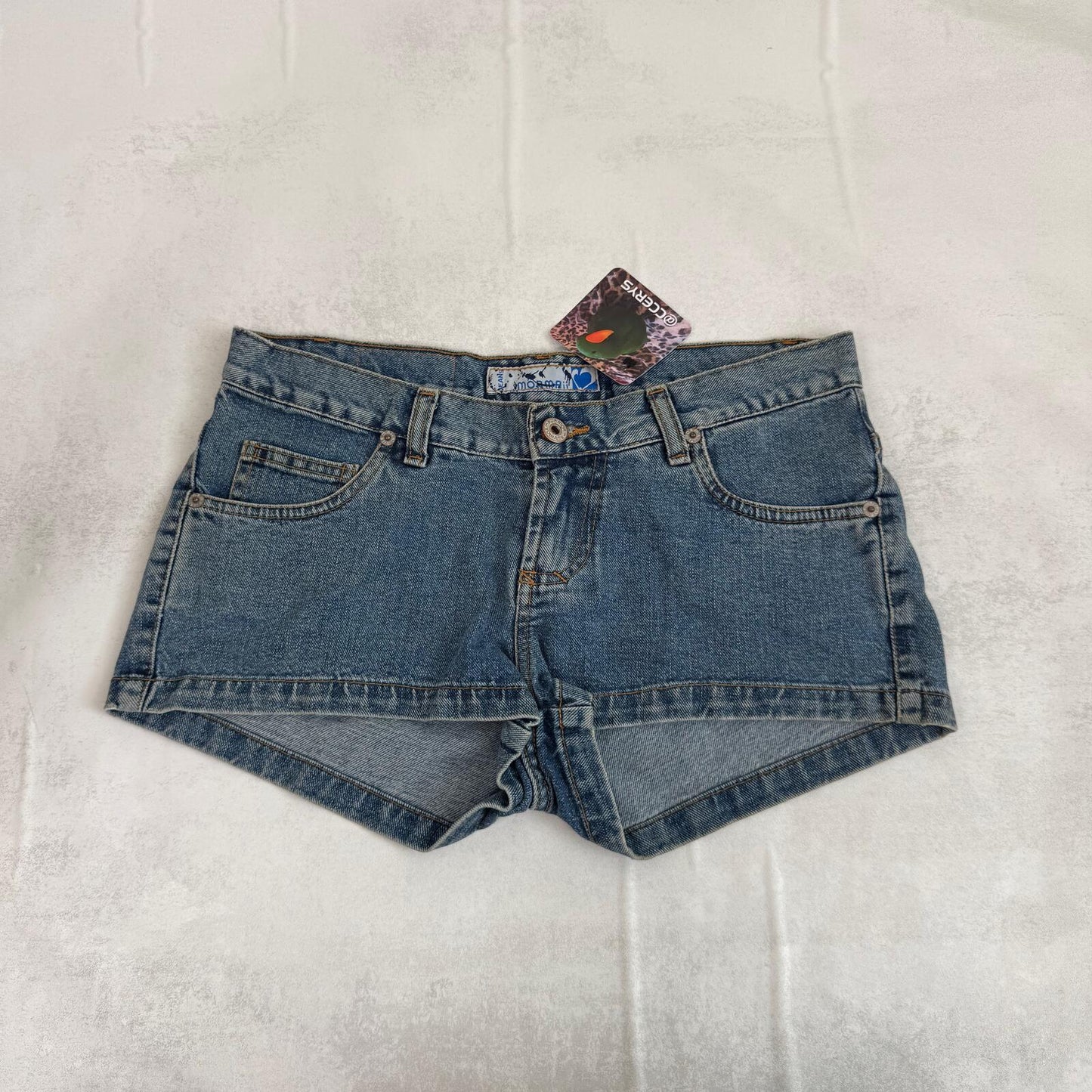 Y2K vintage low rise denim mini shorts mid blue wash 100% cotton