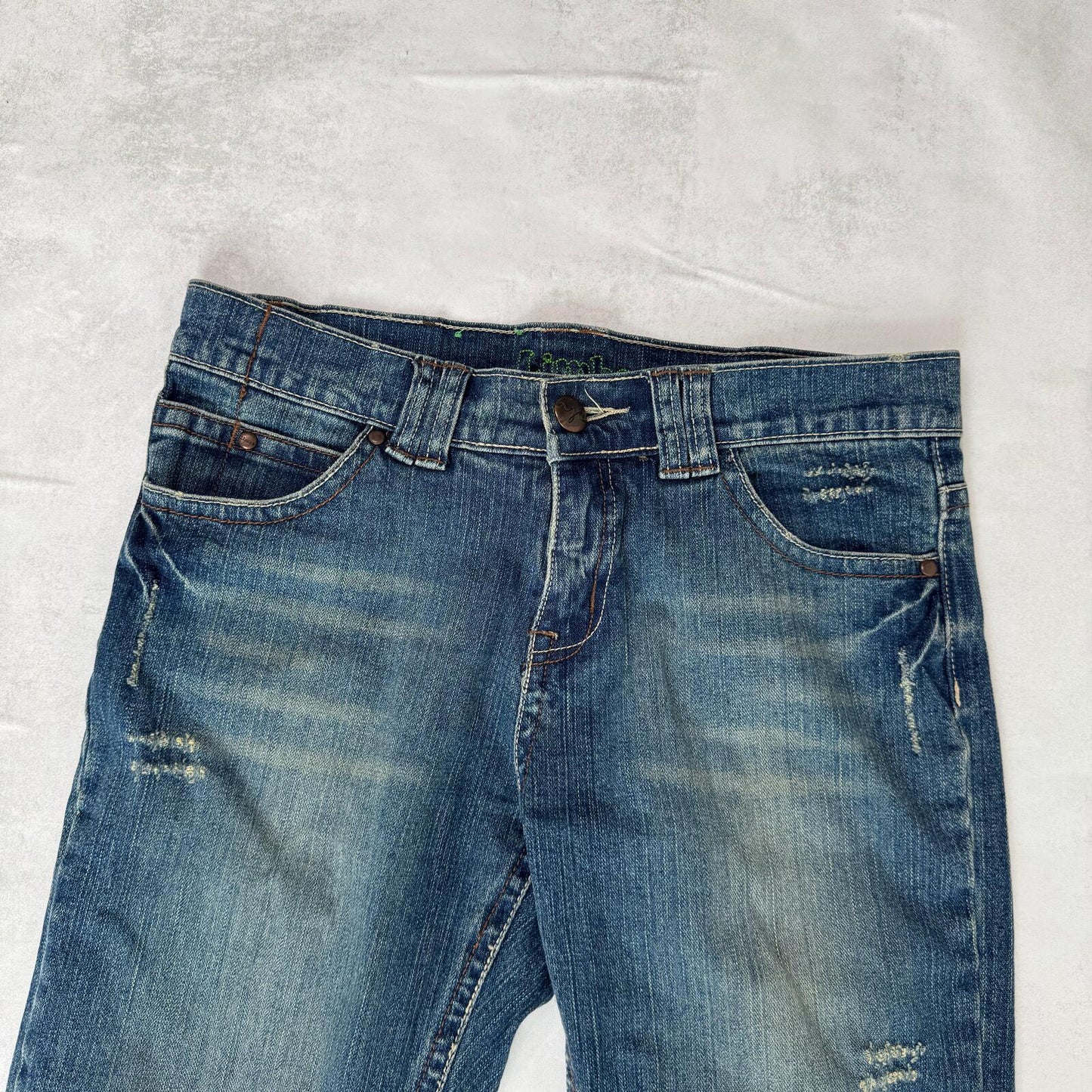 Y2K vintage bootcut denim jeans mid rise faded dirty wash distressed blue