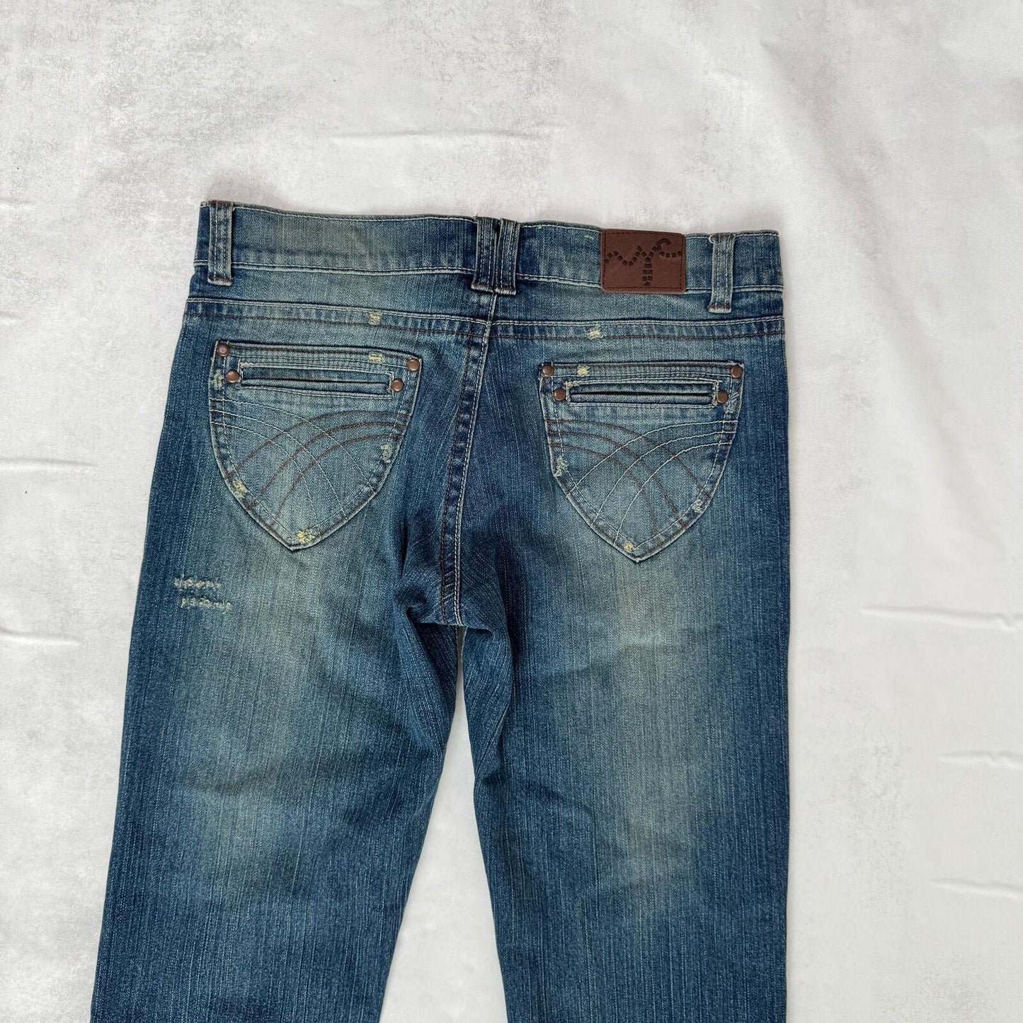 Y2K vintage bootcut denim jeans mid rise faded dirty wash distressed blue