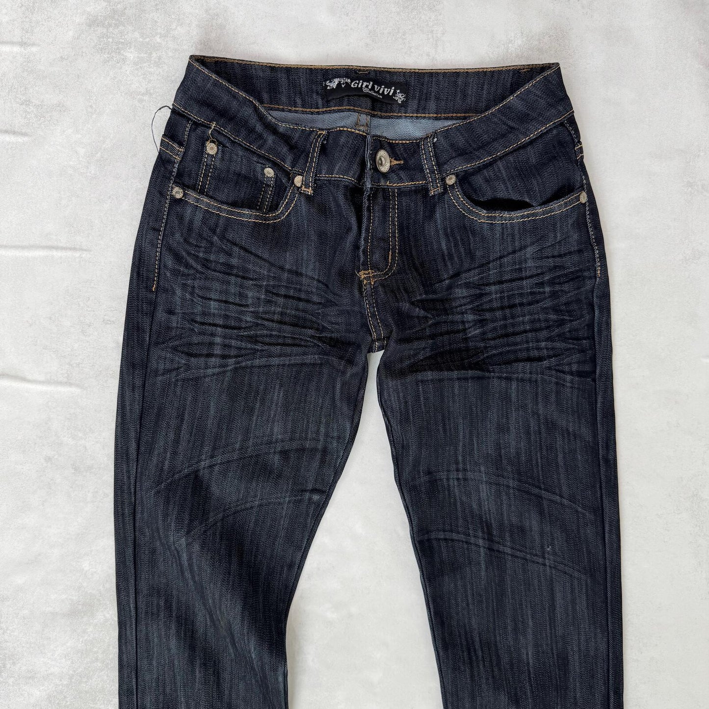 Y2K vintage ulta low rise skinny jeans dark blue denim wash sequin embroidered