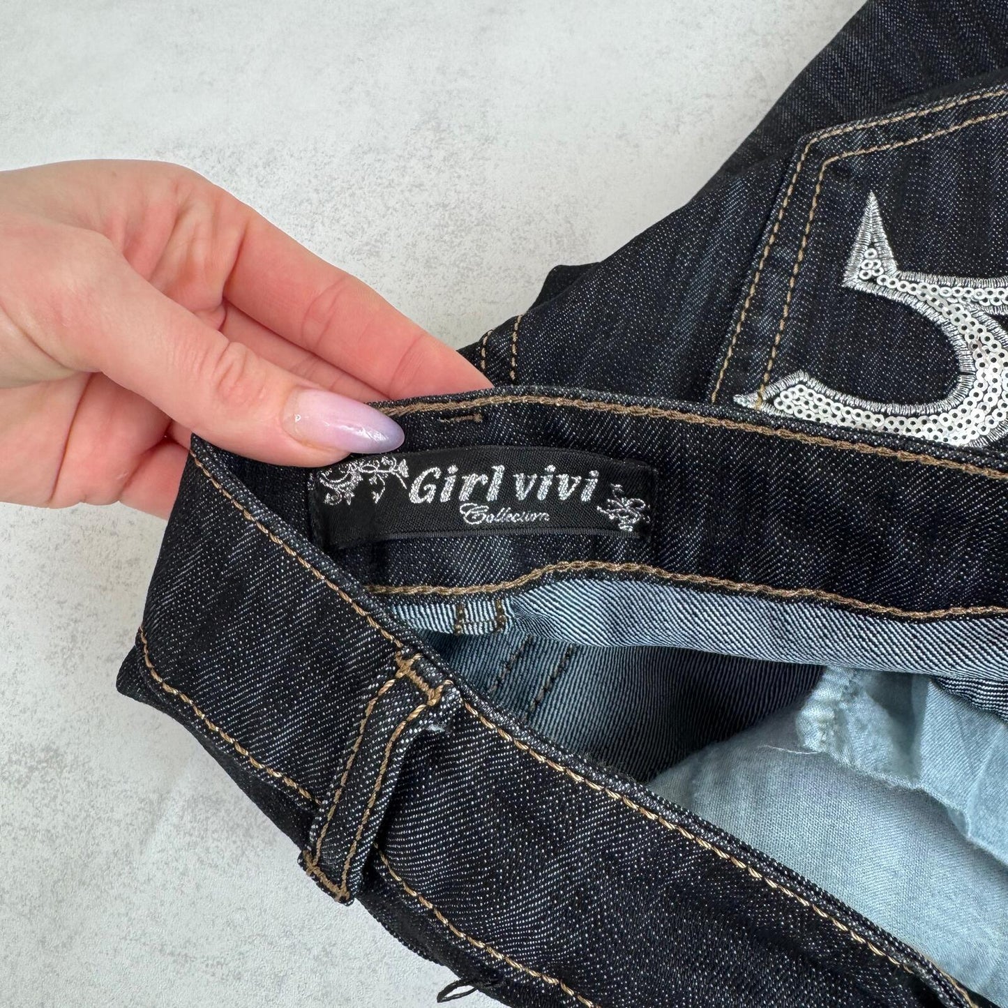 Y2K vintage ulta low rise skinny jeans dark blue denim wash sequin embroidered