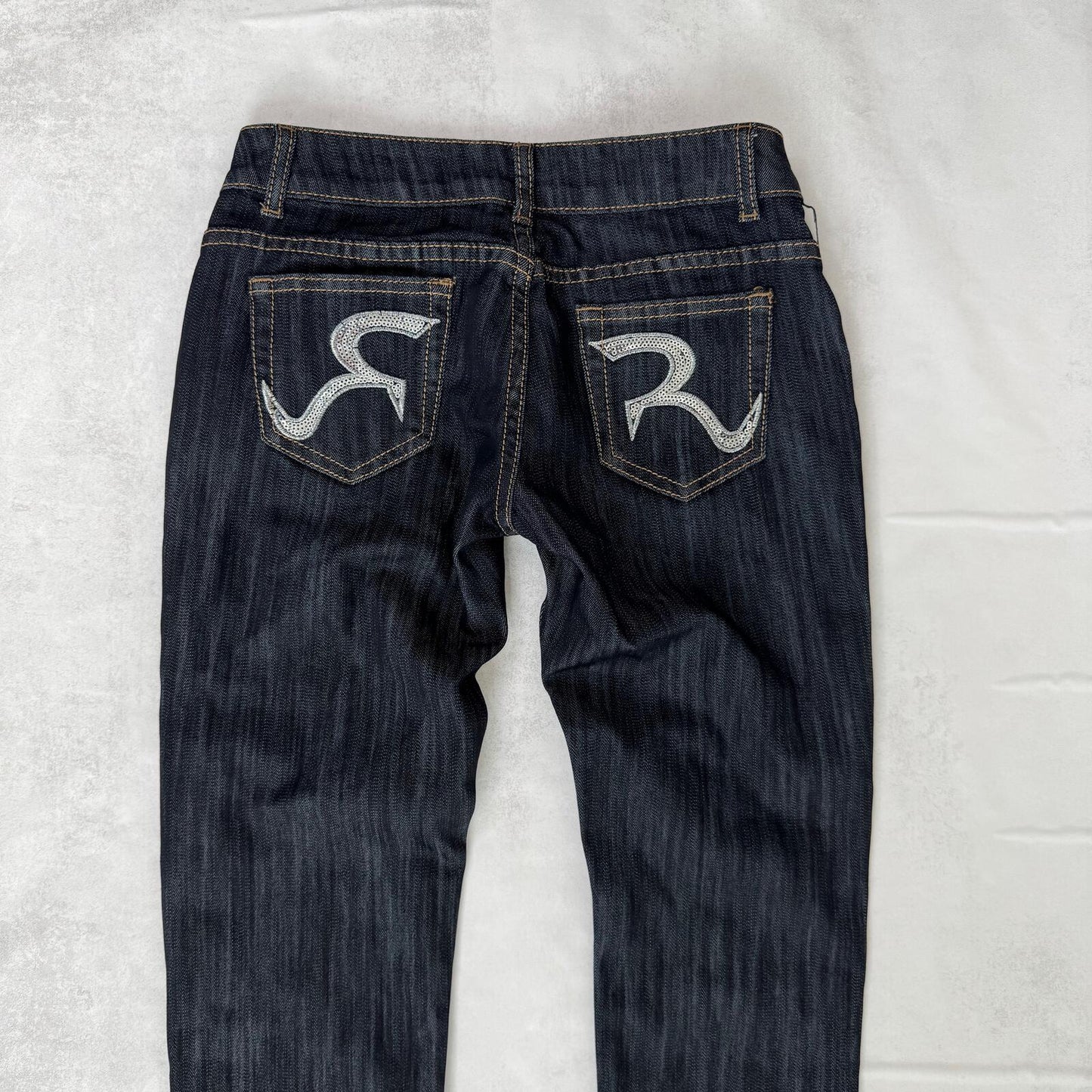 Y2K vintage ulta low rise skinny jeans dark blue denim wash sequin embroidered