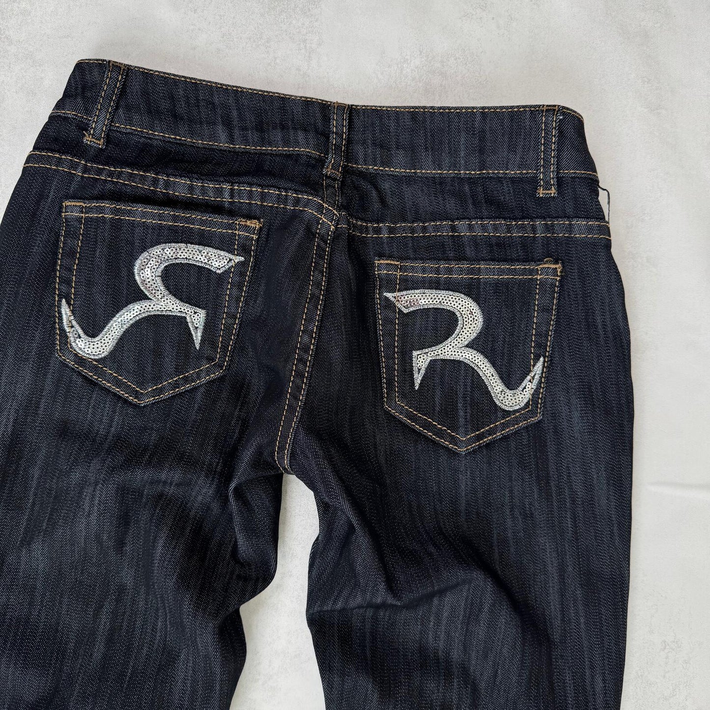 Y2K vintage ulta low rise skinny jeans dark blue denim wash sequin embroidered