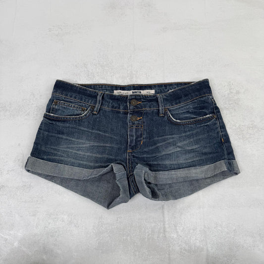 Y2K vintage denim mini shorts low rise faded blue wash turn up hem buttons