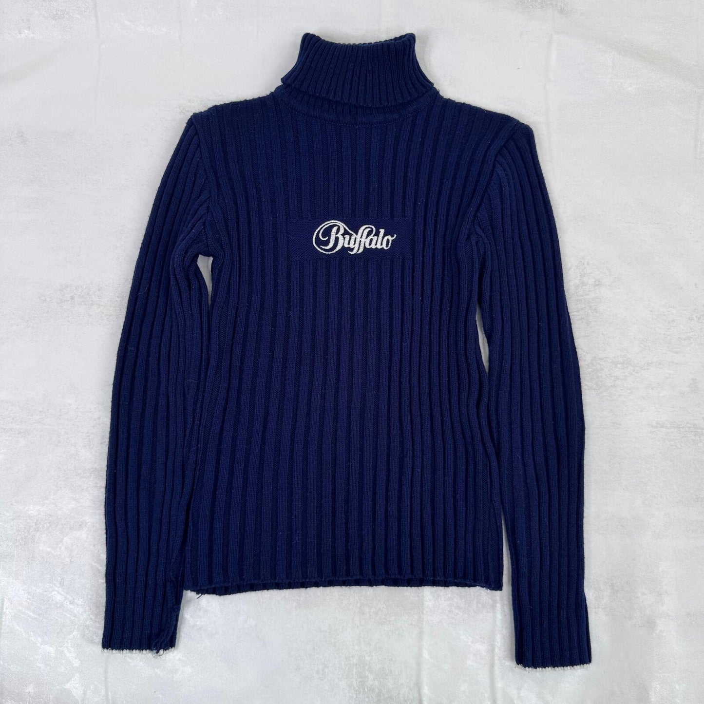 90s Y2K vintage Buffalo jumper knitted ribbed roll neck navy white stretchy