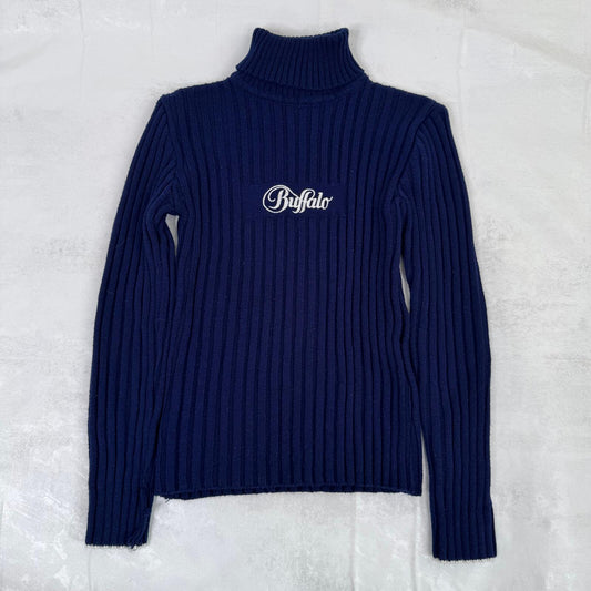 90s Y2K vintage Buffalo jumper knitted ribbed roll neck navy white stretchy