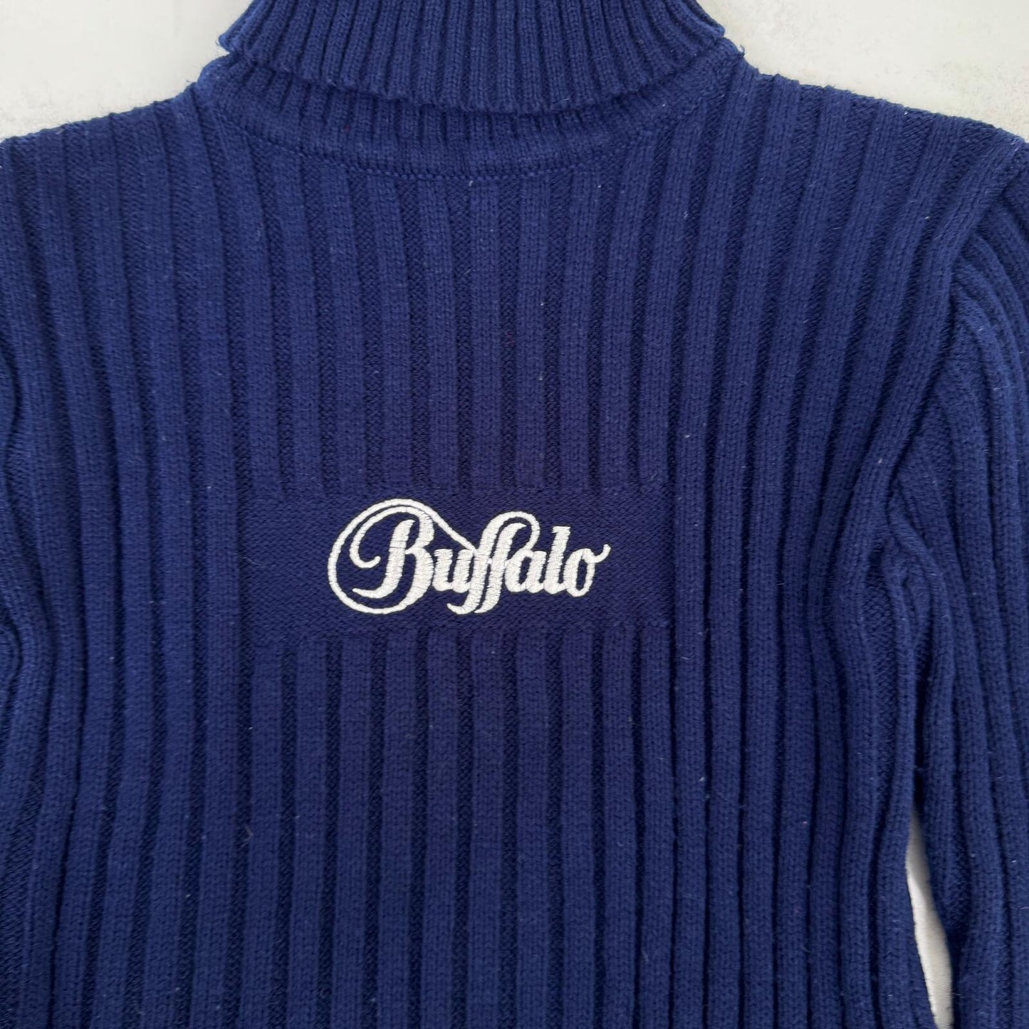 90s Y2K vintage Buffalo jumper knitted ribbed roll neck navy white stretchy