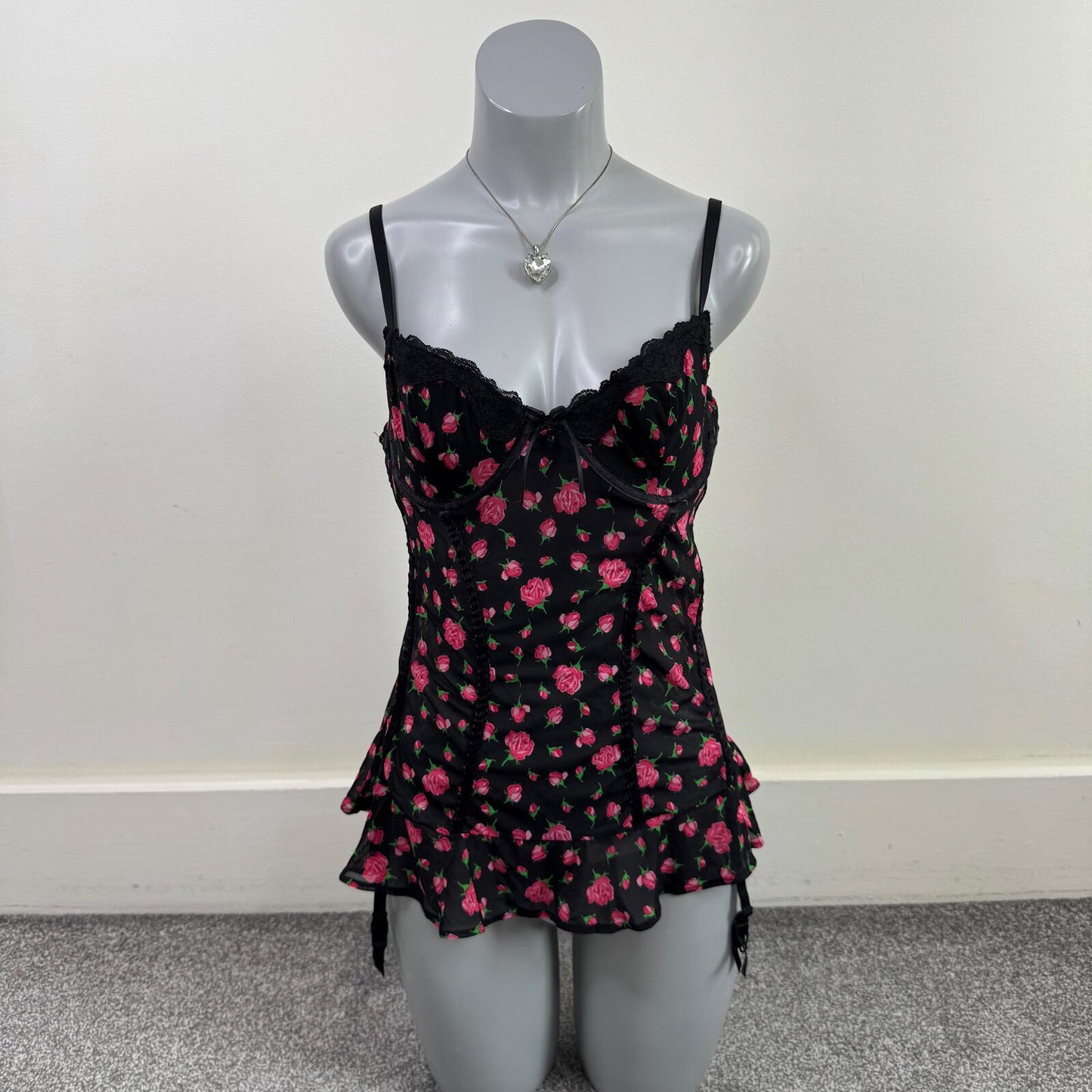 Y2K vintage Ann Summers babydoll rose floral lace trim bow mesh frilly