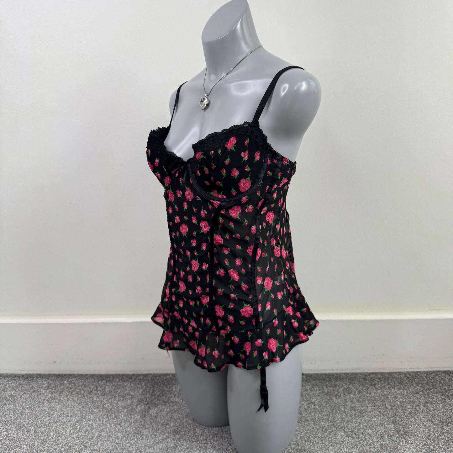 Y2K vintage Ann Summers babydoll rose floral lace trim bow mesh frilly