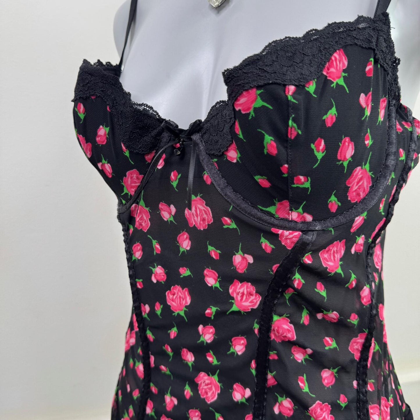 Y2K vintage Ann Summers babydoll rose floral lace trim bow mesh frilly