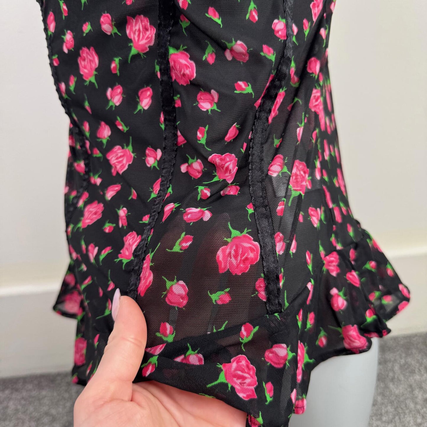 Y2K vintage Ann Summers babydoll rose floral lace trim bow mesh frilly