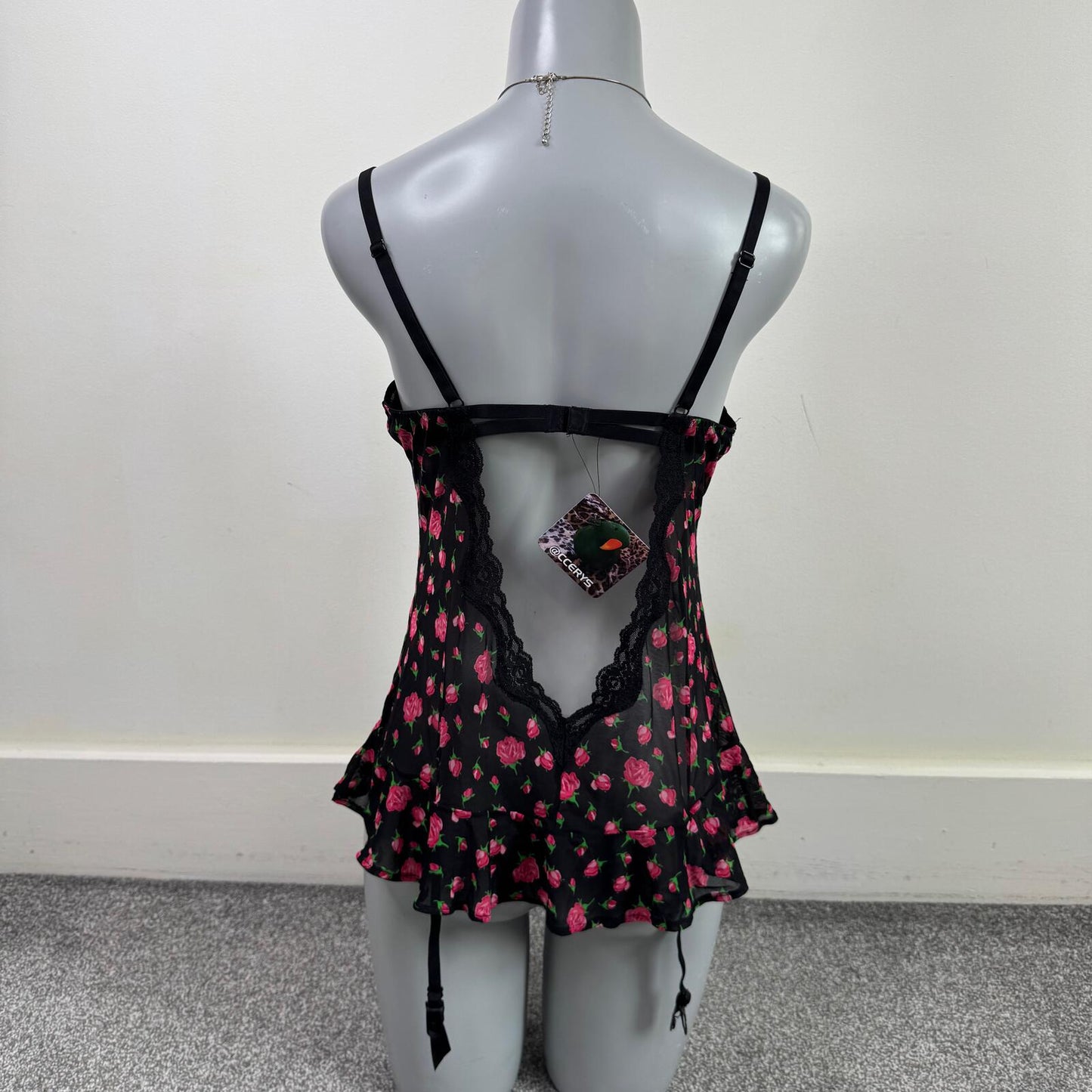 Y2K vintage Ann Summers babydoll rose floral lace trim bow mesh frilly