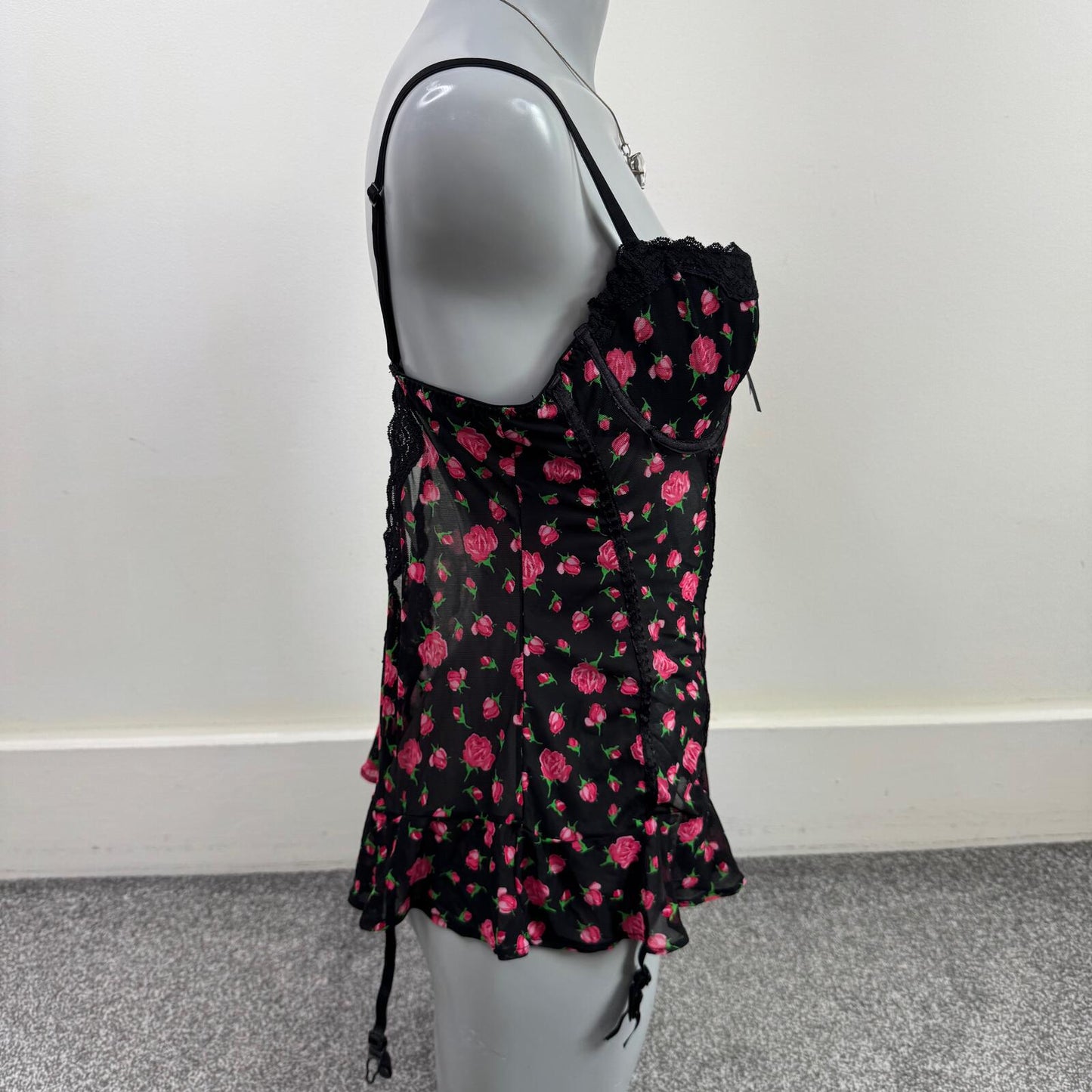 Y2K vintage Ann Summers babydoll rose floral lace trim bow mesh frilly