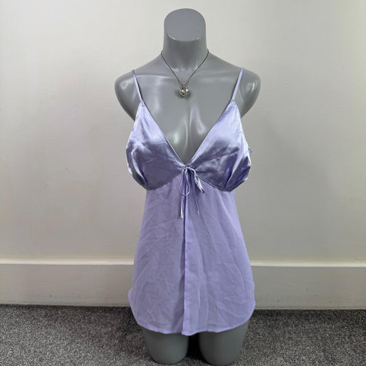 Y2K vintage babydoll top sheer satin bow lilac purple flowy open front strappy