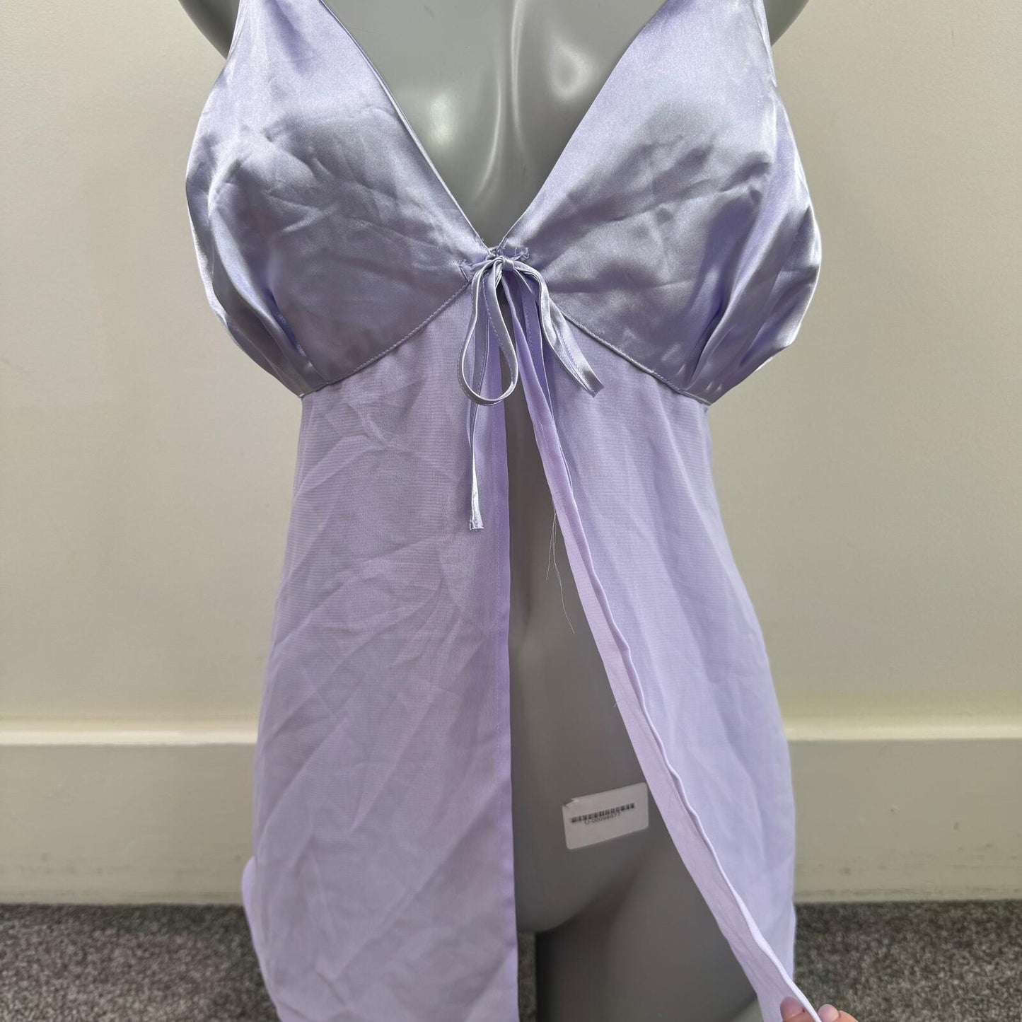 Y2K vintage babydoll top sheer satin bow lilac purple flowy open front strappy