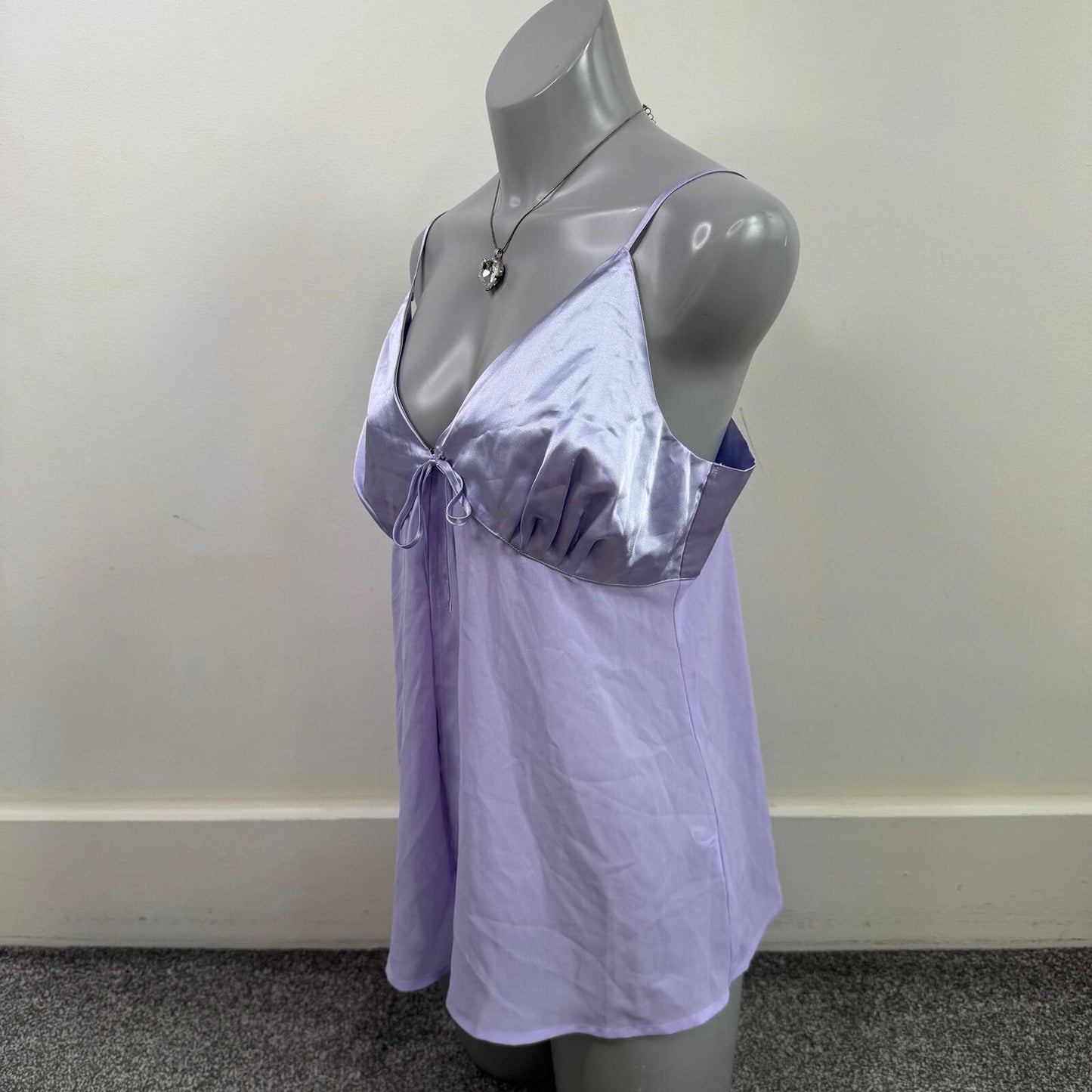Y2K vintage babydoll top sheer satin bow lilac purple flowy open front strappy