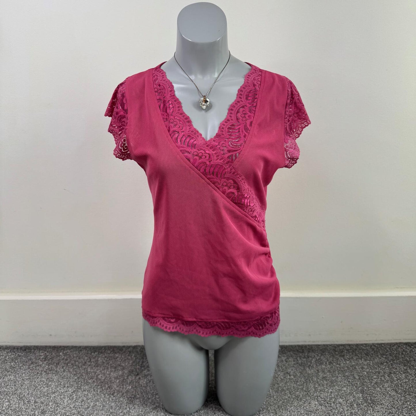 Y2K vintage mesh top short sleeve v neck lace double layer pink stretchy