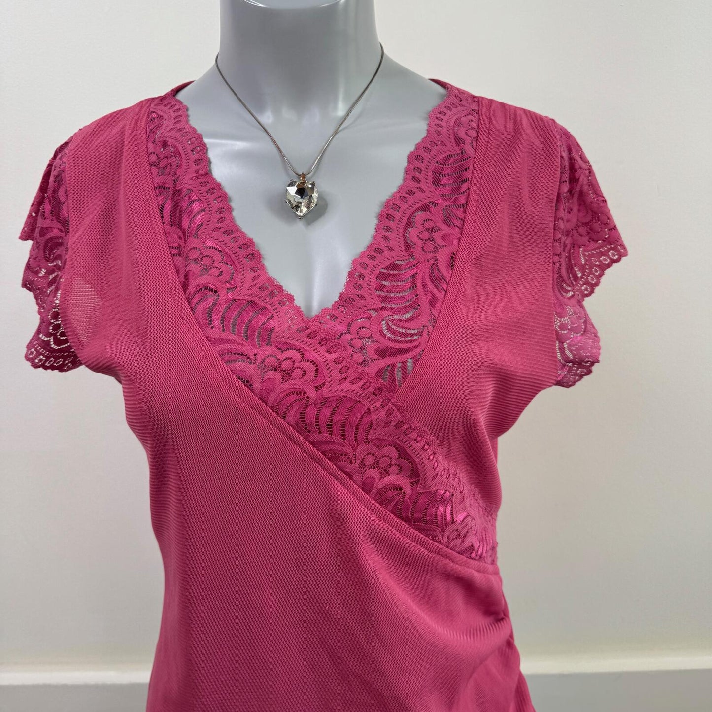 Y2K vintage mesh top short sleeve v neck lace double layer pink stretchy