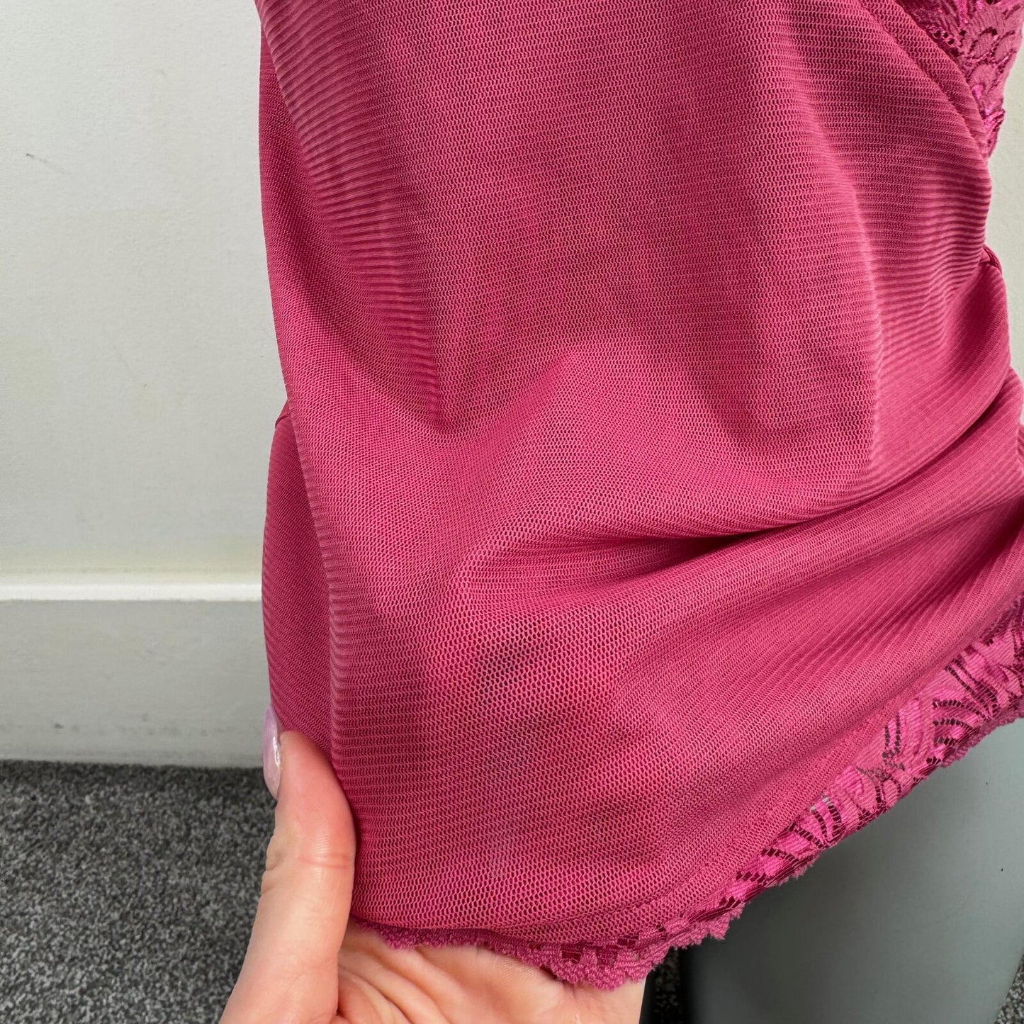 Y2K vintage mesh top short sleeve v neck lace double layer pink stretchy