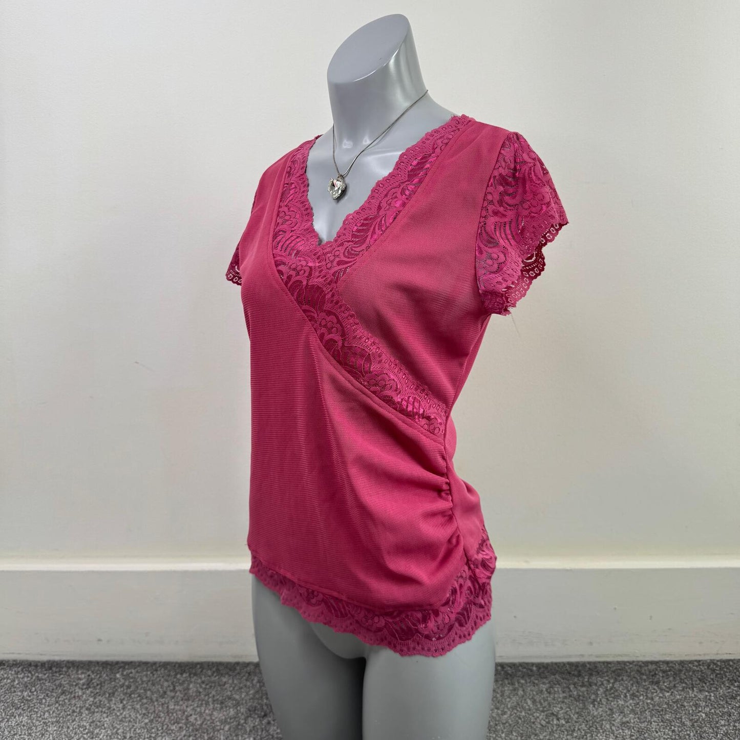 Y2K vintage mesh top short sleeve v neck lace double layer pink stretchy