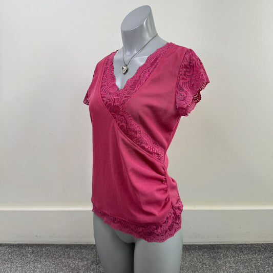 Y2K vintage mesh top short sleeve v neck lace double layer pink stretchy